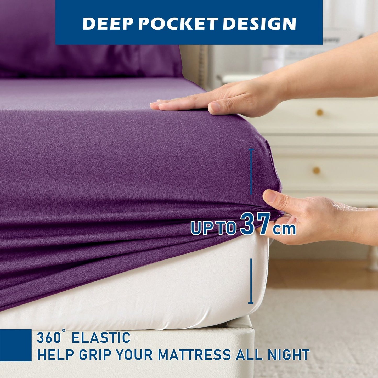 4 Piece Hotel Bamboo Cooling Sheet Set -Ultra Soft 2000TC Breathable Bed Sheets Set with 37 Centimetre Deep Pocket-Cooling Sheets for Hot Sleepers(Purple,Queen)
