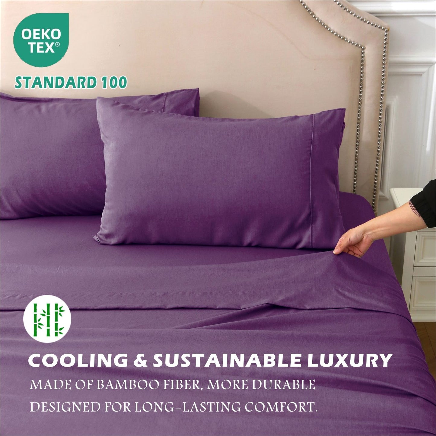 4 Piece Hotel Bamboo Cooling Sheet Set -Ultra Soft 2000TC Breathable Bed Sheets Set with 37 Centimetre Deep Pocket-Cooling Sheets for Hot Sleepers(Purple,Queen)