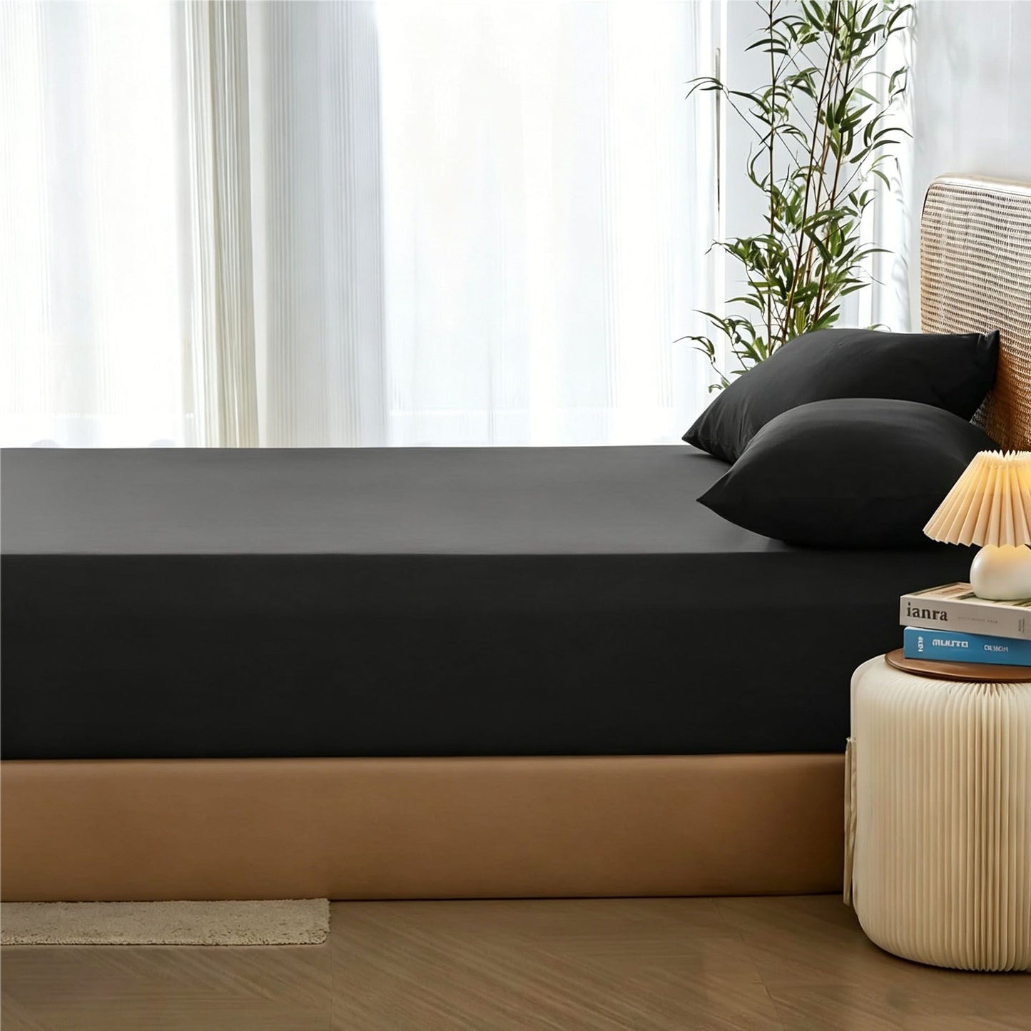 3 Piece Hotel Bamboo Cooling Fitted Sheet Set & Pillowcase -Ultra Soft 2000TC Breathable Fitted Bed Sheets Set with 37 Centimetre Deep Pocket-Cooling Sheets for Hot Sleepers(Black,Super King)