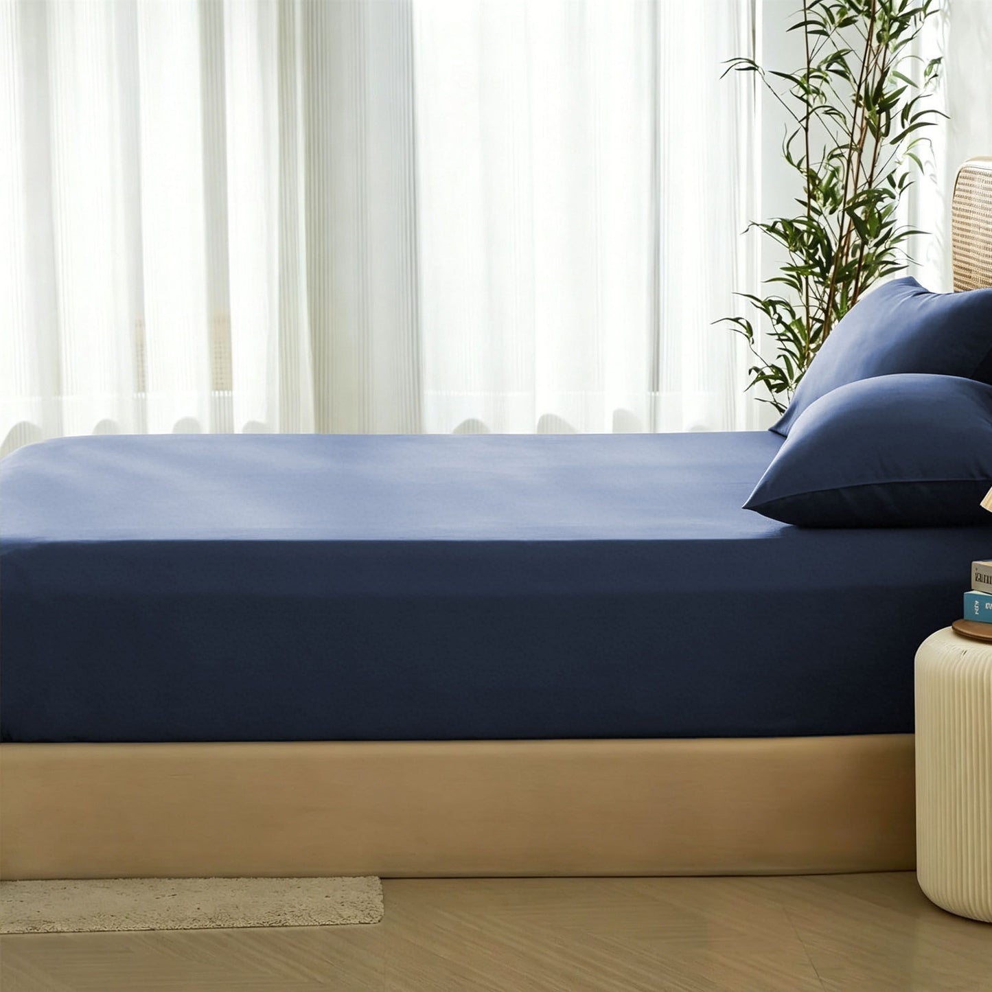 3 Piece Hotel Bamboo Cooling Fitted Sheet Set & Pillowcase -Ultra Soft 2000TC Breathable Fitted Bed Sheets Set with 37 Centimetre Deep Pocket-Cooling Sheets for Hot Sleepers(Navy,Super King)