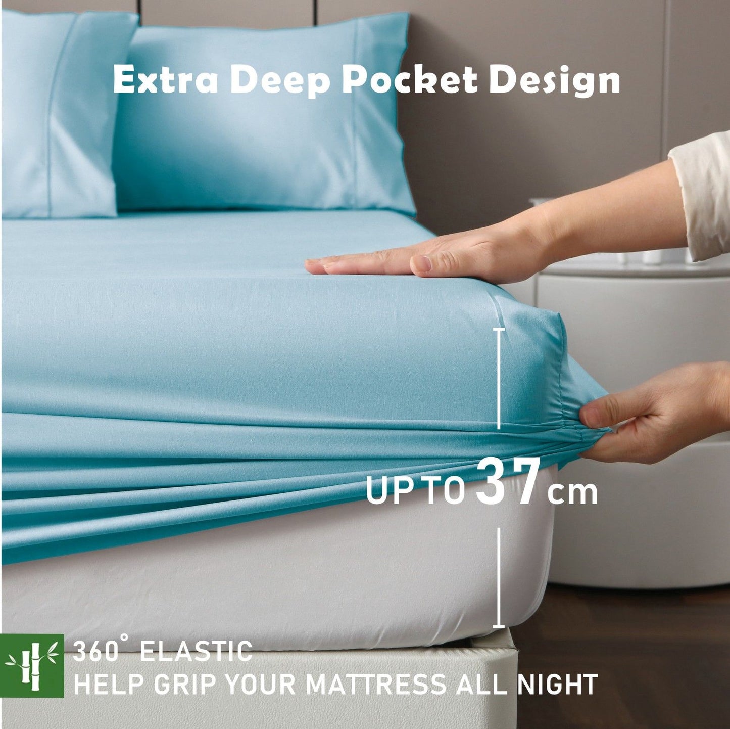 3 Piece Hotel Bamboo Cooling Fitted Sheet Set & Pillowcase -Ultra Soft 2000TC Breathable Fitted Bed Sheets Set with 37 Centimetre Deep Pocket-Cooling Sheets for Hot Sleepers(Sky Blue,Super King)