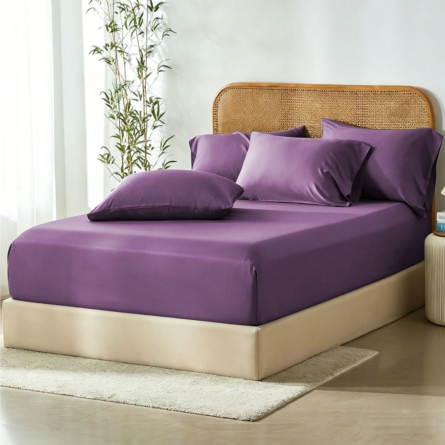 3 Piece Hotel Bamboo Cooling Fitted Sheet Set & Pillowcase -Ultra Soft 2000TC Breathable Fitted Bed Sheets Set with 37 Centimetre Deep Pocket-Cooling Sheets for Hot Sleepers(Purple,Super King)