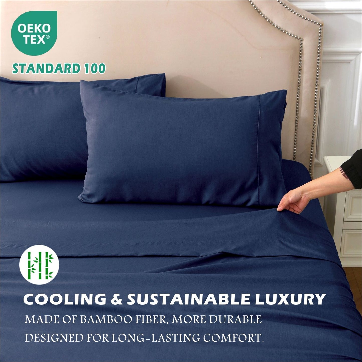 4 Piece Hotel Bamboo Cooling Sheet Set -Ultra Soft 2000TC Breathable Bed Sheets Set with 37 Centimetre Deep Pocket-Cooling Sheets for Hot Sleepers(Navy,Super King)