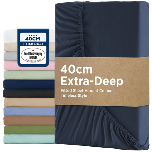 2000TC Hotel Quality Fitted Sheets - 2 Piece Fitted Sheets  -Breathable Bedding - Wrinkle, Fade, Stain Resistant- 16inch/40cm Deep Pocket Fitted Bed Sheets-Wrinkle and Fade Resistant,(Navy,King Single)