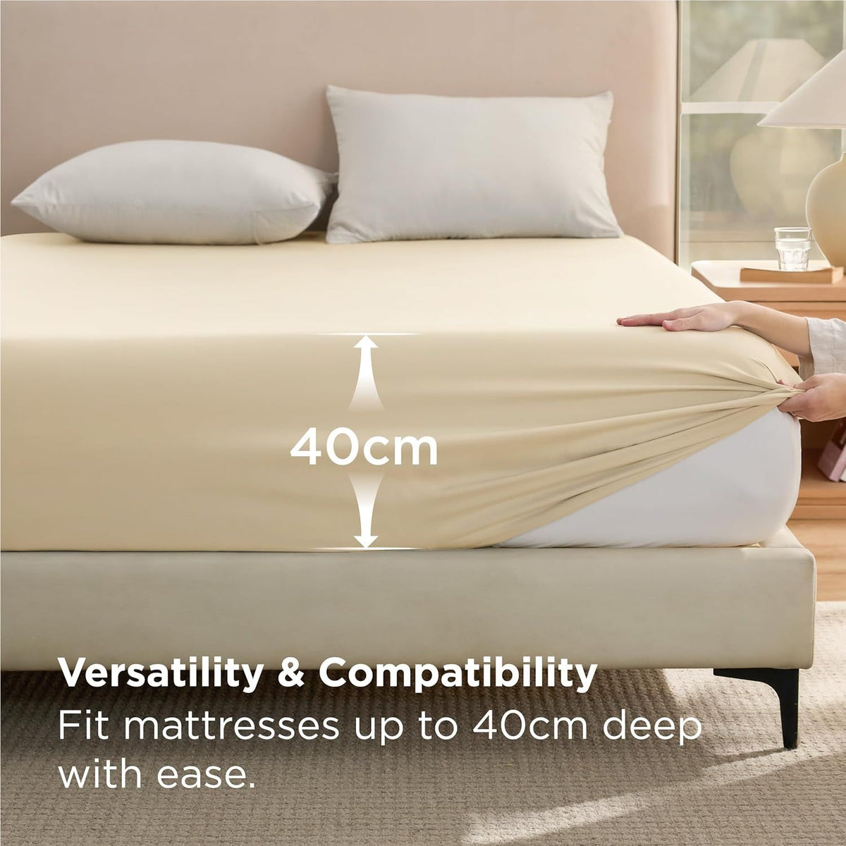 2000TC Hotel Quality Fitted Sheets - 2 Piece Fitted Sheets  -Breathable Bedding - Wrinkle, Fade, Stain Resistant- 16inch/40cm Deep Pocket Fitted Bed Sheets-Wrinkle and Fade Resistant,(Cream White,King Single)