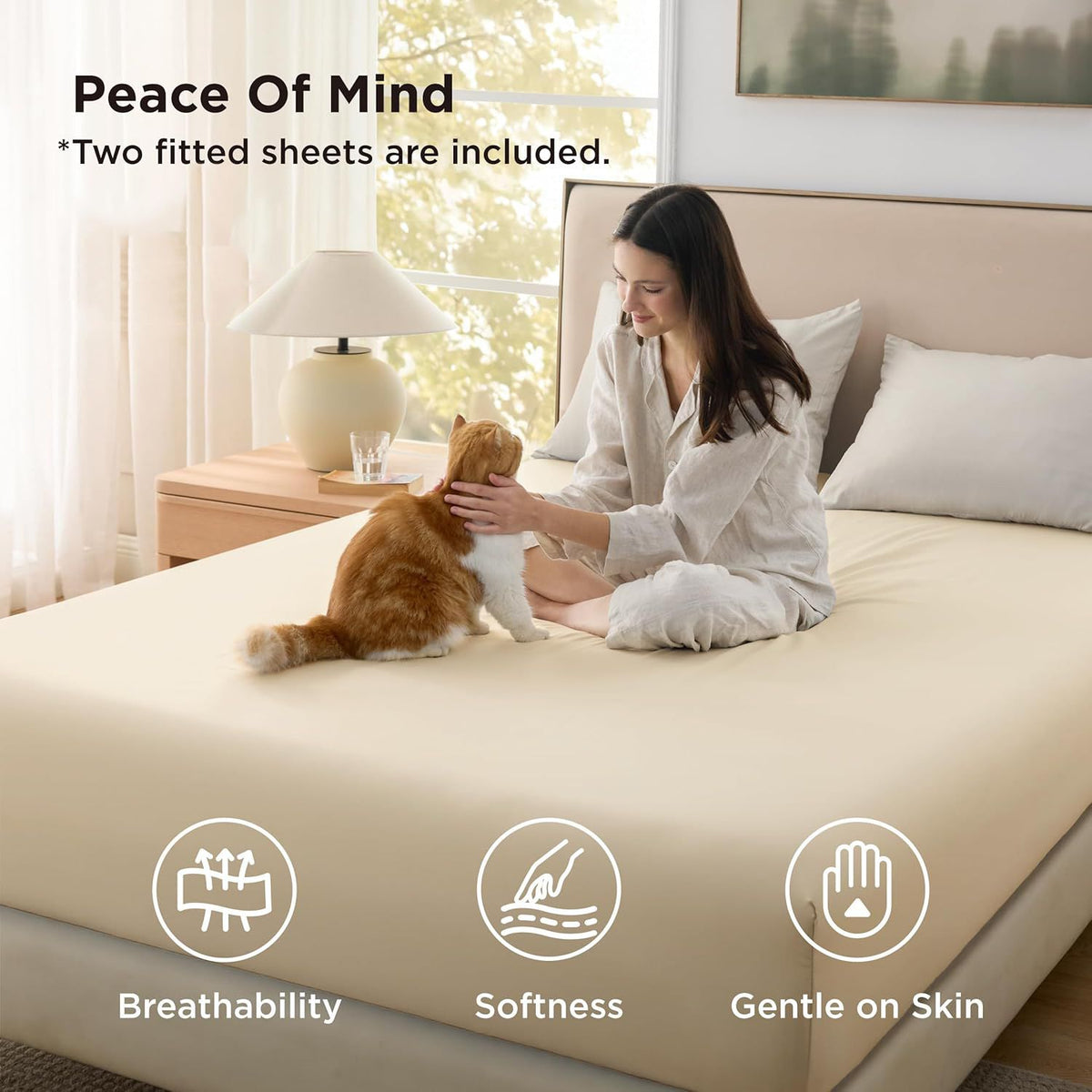 2000TC Hotel Quality Fitted Sheets - 2 Piece Fitted Sheets  -Breathable Bedding - Wrinkle, Fade, Stain Resistant- 16inch/40cm Deep Pocket Fitted Bed Sheets-Wrinkle and Fade Resistant,(Cream White,Queen)