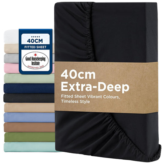 2000TC Hotel Quality Fitted Sheets - 2 Piece Fitted Sheets  -Breathable Bedding - Wrinkle, Fade, Stain Resistant- 16inch/40cm Deep Pocket Fitted Bed Sheets-Wrinkle and Fade Resistant,(Black,Single)