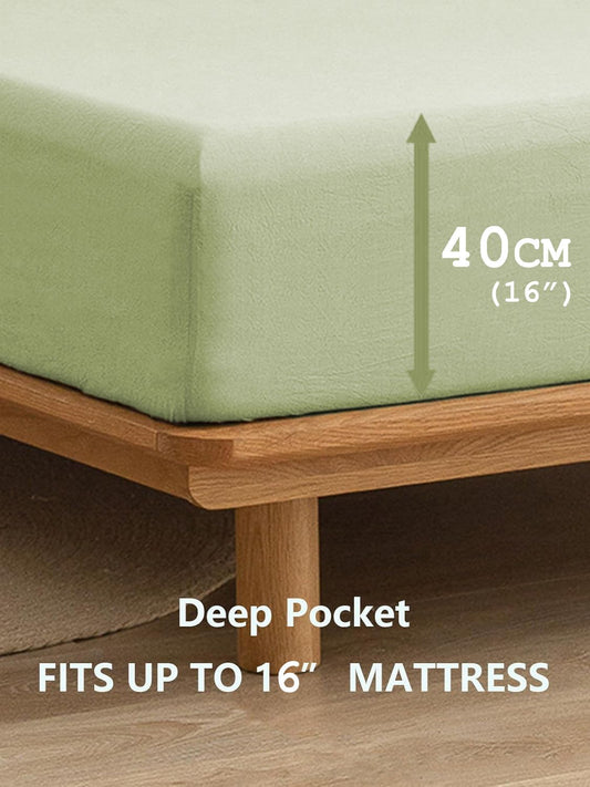 100% Cotton Fitted Sheet - Super Soft 40cm Deep Pocket Bottom Sheets - White Elastic Sheet（Double,Green beans)