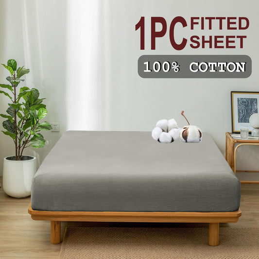 100% Cotton Fitted Sheet - Super Soft 40cm Deep Pocket Bottom Sheets - White Elastic Sheet（Double,Grey)
