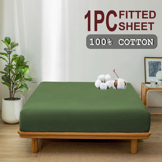 100% Cotton Fitted Sheet - Super Soft 40cm Deep Pocket Bottom Sheets - White Elastic Sheet（Double,Olive green)
