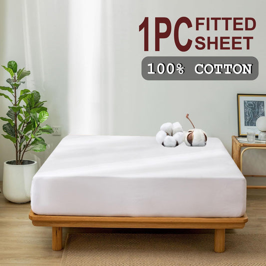 100% Cotton Fitted Sheet - Super Soft 40cm Deep Pocket Bottom Sheets - White Elastic Sheet（King,White)