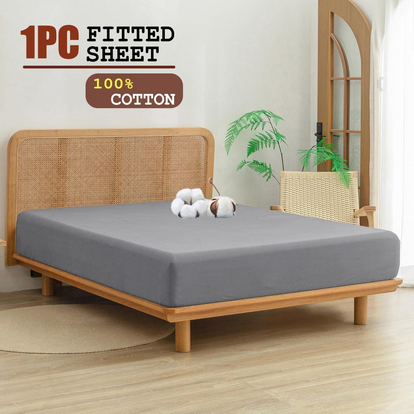 100% Cotton Fitted Sheet - Super Soft 40cm Deep Pocket Bottom Sheets - White Elastic Sheet（King,Grey)