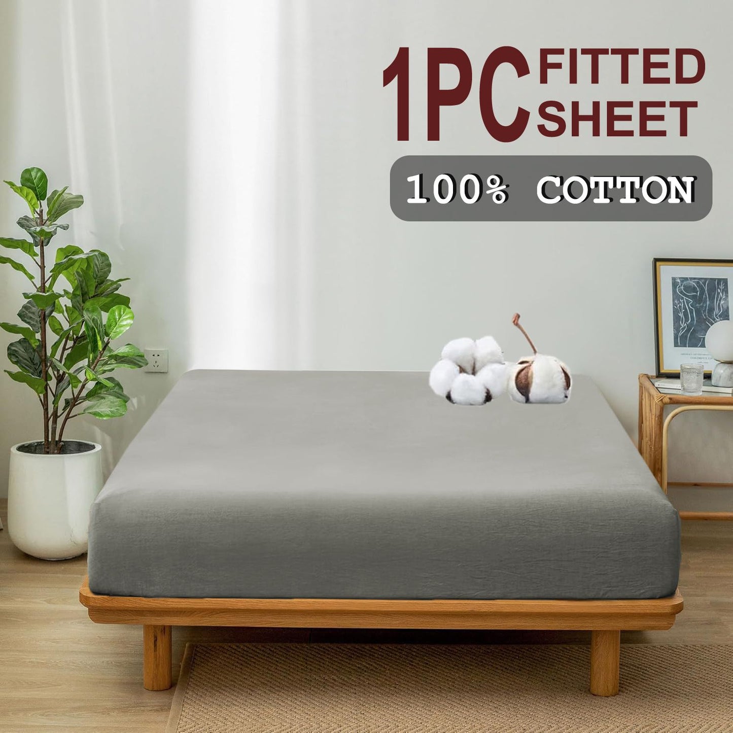 100% Cotton Fitted Sheet - Super Soft 40cm Deep Pocket Bottom Sheets - White Elastic Sheet（Queen,Grey)