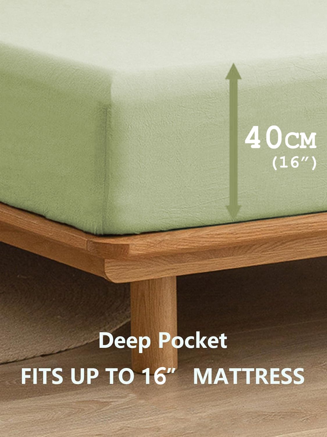100% Cotton Fitted Sheet - Super Soft 40cm Deep Pocket Bottom Sheets - White Elastic Sheet（Super King,Green beans)