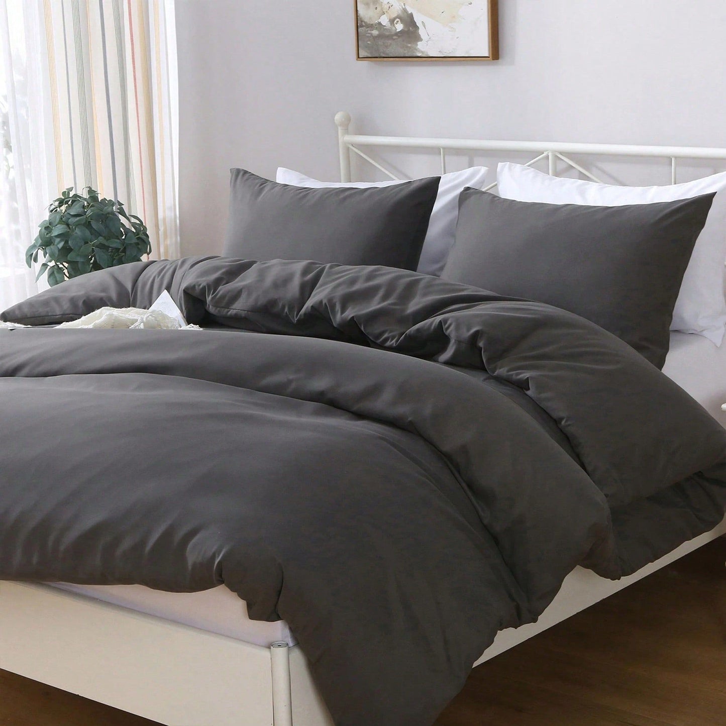 Hotel Soft Microfiber Duvet Cover Set-2000TC Quilt Cover Set & Pillowcases -1 Donna Cover Zipper Closure & 1 x Pillowcases-Breathable Bedding - Wrinkle, Fade, Stain Resistant(Dark gray,Double)