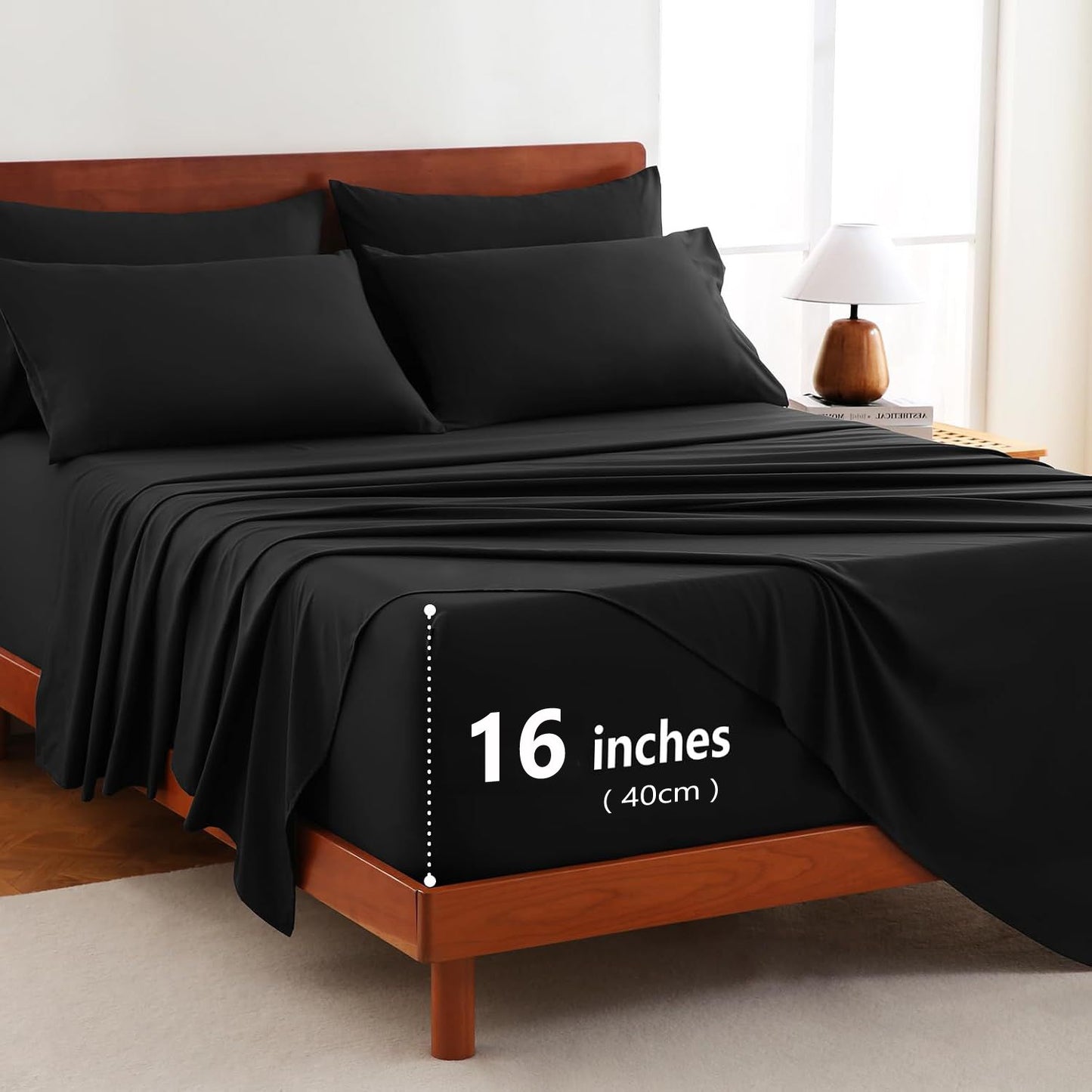Hotel Soft Bed Sheet Set- Bedding Sheets & Pillowcases -Breathable Bedding - Wrinkle, Fade, Stain Resistant-Deep Pocket Flat Fitted Bed Sheet Set(Black,Double)