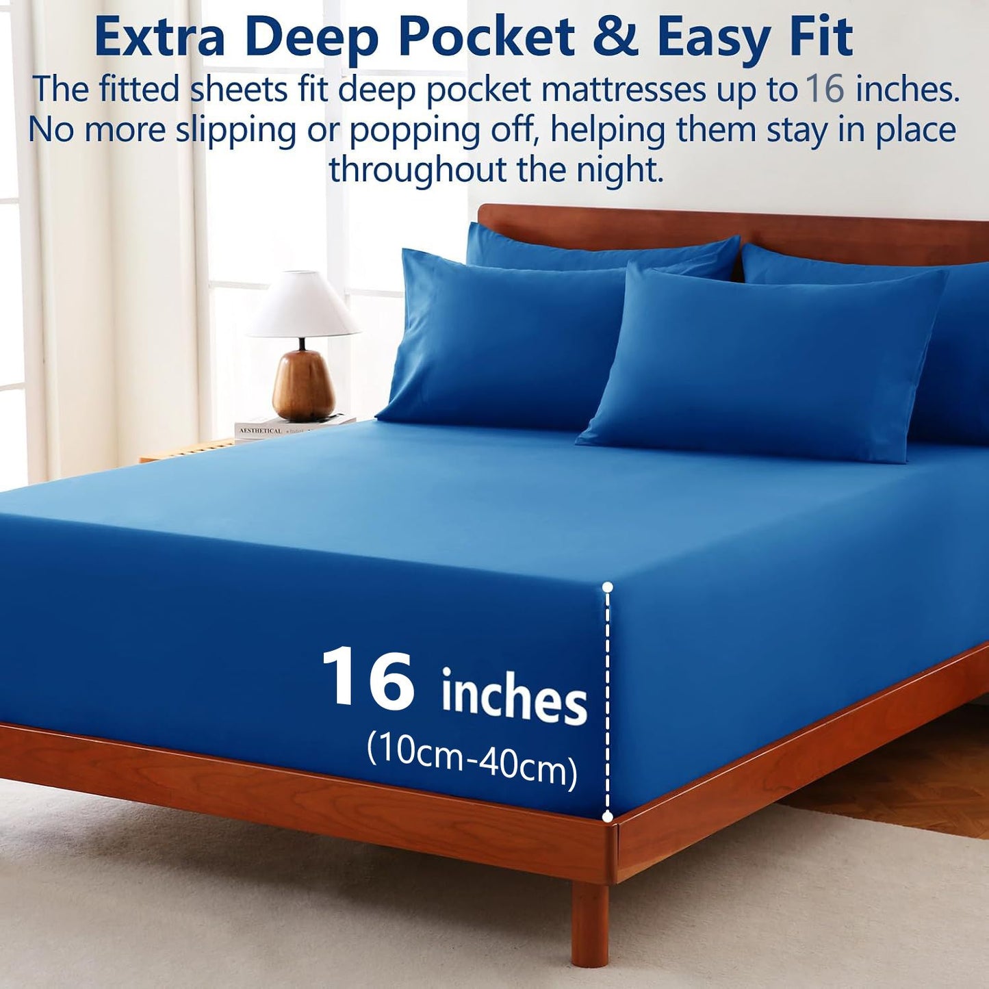 Hotel Soft Bed Sheet Set- Bedding Sheets & Pillowcases -Breathable Bedding - Wrinkle, Fade, Stain Resistant-Deep Pocket Flat Fitted Bed Sheet Set(Royal blue,Double)