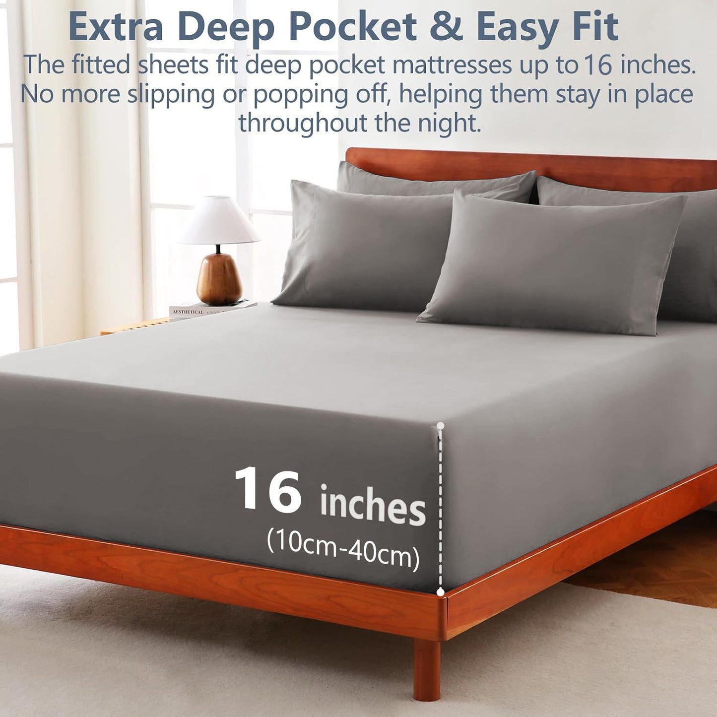 Hotel Soft Bed Sheet Set- Bedding Sheets & Pillowcases -Breathable Bedding - Wrinkle, Fade, Stain Resistant-Deep Pocket Flat Fitted Bed Sheet Set(Grey,Double)