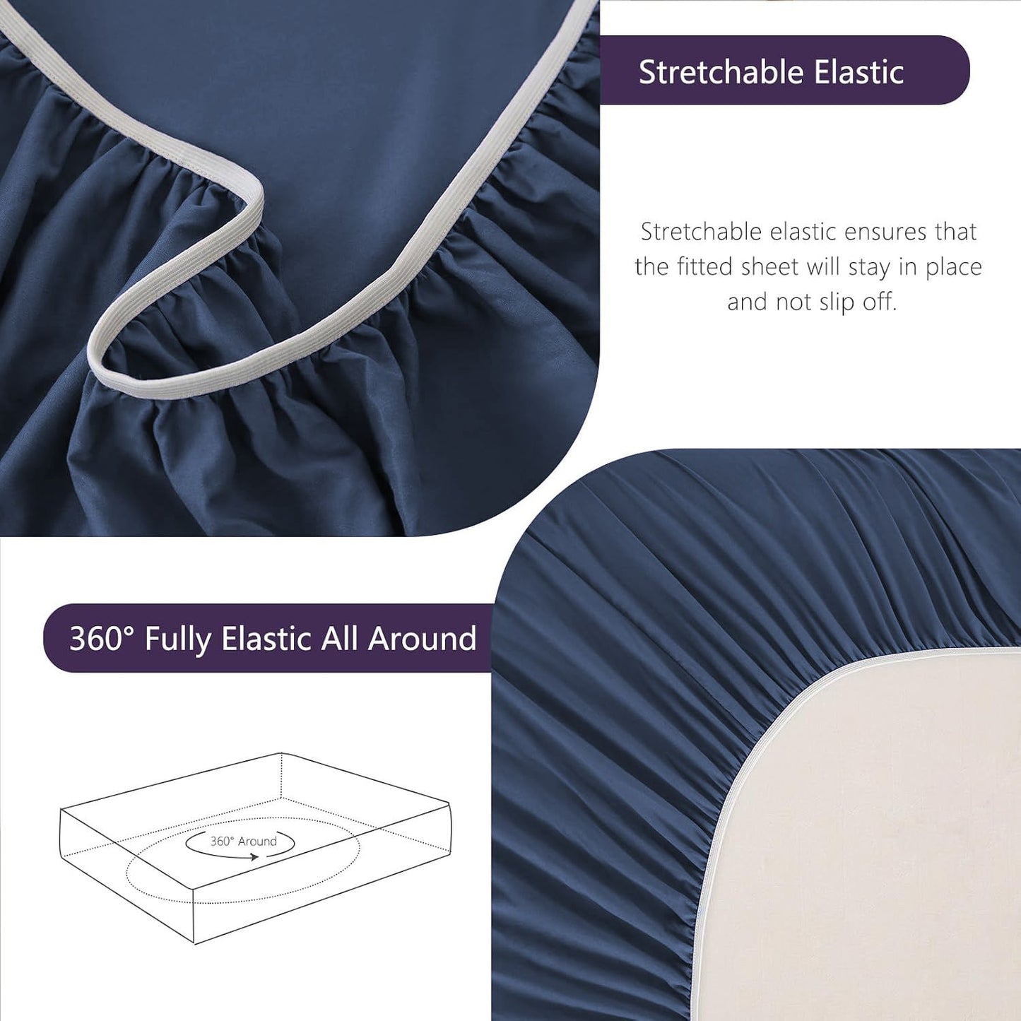 Hotel Soft Bed Sheet Set- Bedding Sheets & Pillowcases -Breathable Bedding - Wrinkle, Fade, Stain Resistant-Deep Pocket Flat Fitted Bed Sheet Set(Navy,Double)