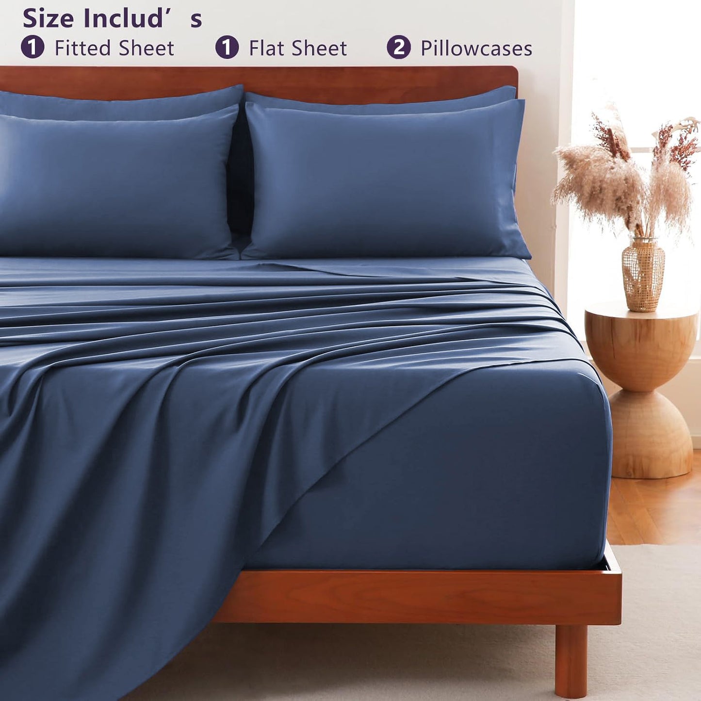 Hotel Soft Bed Sheet Set- Bedding Sheets & Pillowcases -Breathable Bedding - Wrinkle, Fade, Stain Resistant-Deep Pocket Flat Fitted Bed Sheet Set(Navy,Double)