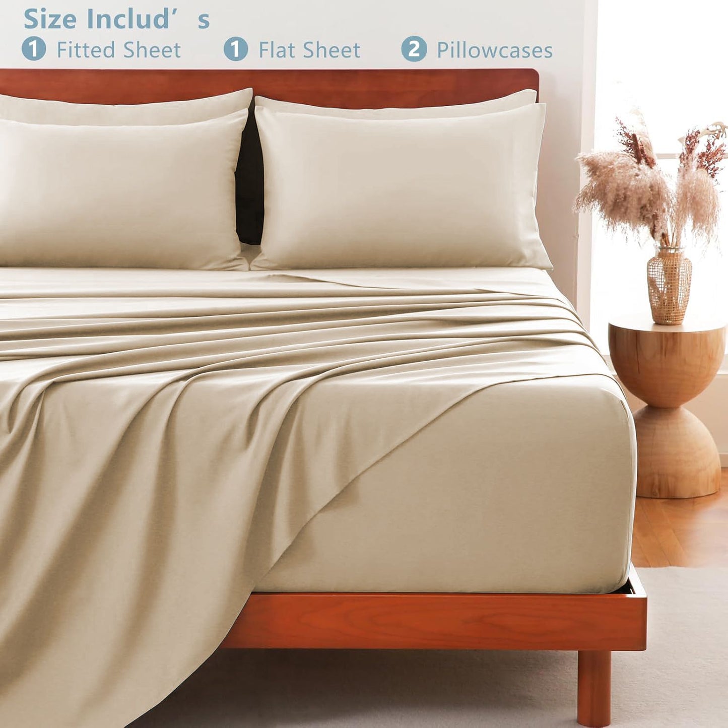 Hotel Soft Bed Sheet Set- Bedding Sheets & Pillowcases -Breathable Bedding - Wrinkle, Fade, Stain Resistant-Deep Pocket Flat Fitted Bed Sheet Set(Camel Beige,Double)