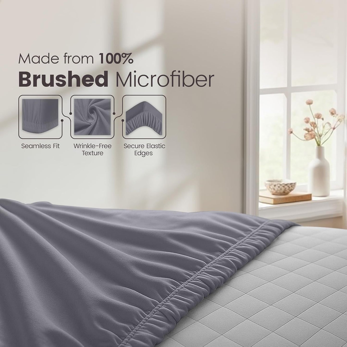 Hotel Quality Fitted Sheet - 1 Piece Fitted Sheet  -Breathable Bedding - Wrinkle, Fade, Stain Resistant- 16inch/40cm Deep Pocket Fitted Bed Sheet-Wrinkle and Fade Resistant,(Grey,Double)