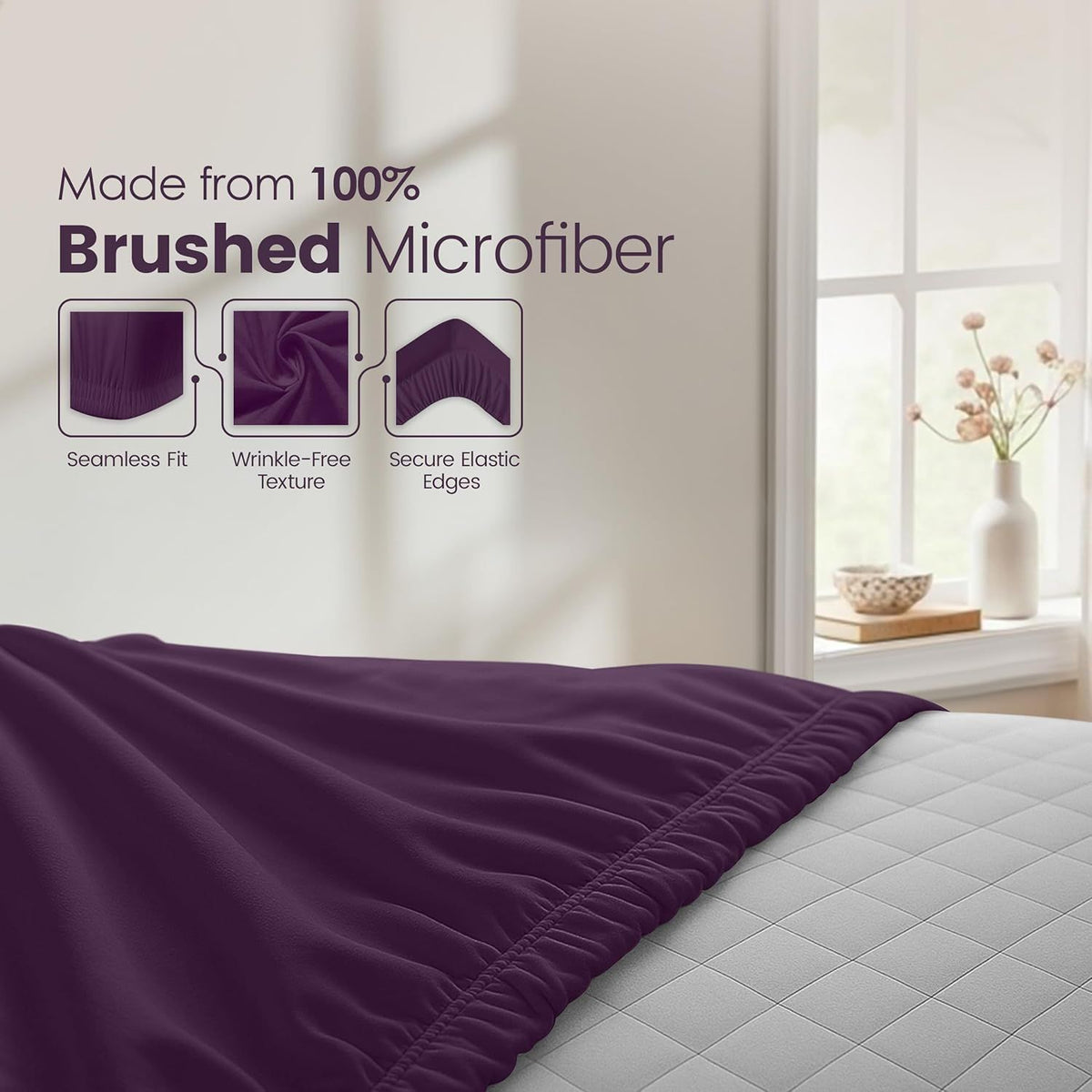 Hotel Quality Fitted Sheet - 1 Piece Fitted Sheet  -Breathable Bedding - Wrinkle, Fade, Stain Resistant- 16inch/40cm Deep Pocket Fitted Bed Sheet-Wrinkle and Fade Resistant,(Purple,Double)