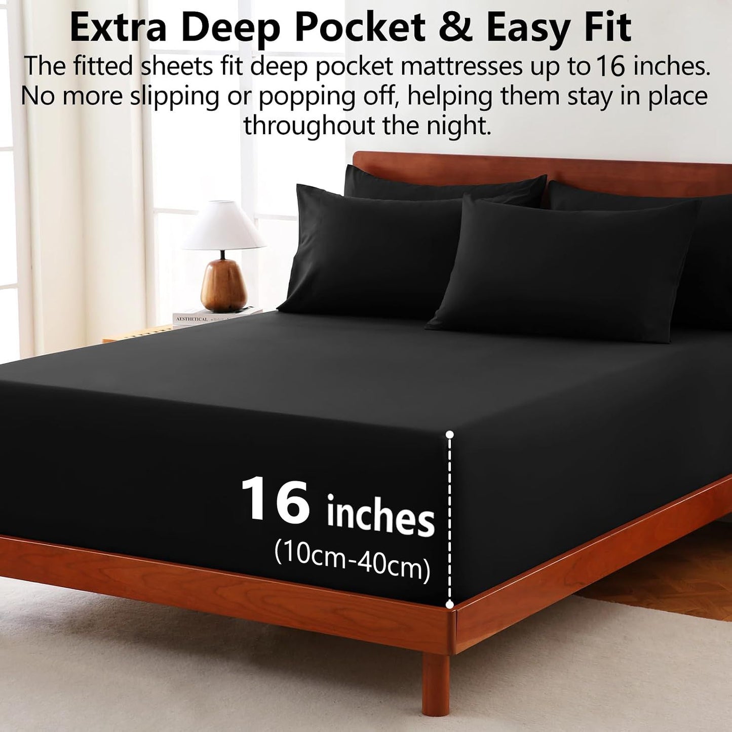 Hotel Soft Bed Sheet Set- Bedding Sheets & Pillowcases -Breathable Bedding - Wrinkle, Fade, Stain Resistant-Deep Pocket Flat Fitted Bed Sheet Set(Black,King)