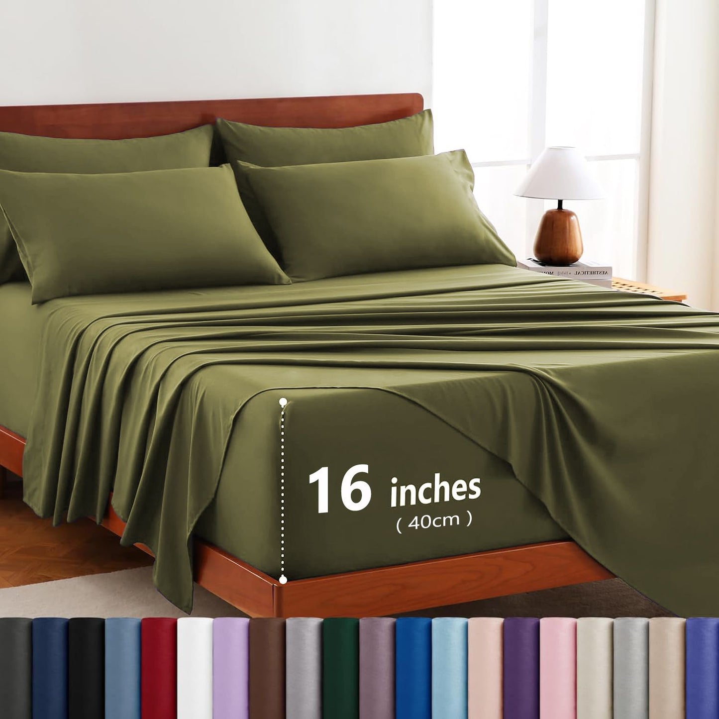 Hotel Soft Bed Sheet Set- Bedding Sheets & Pillowcases -Breathable Bedding - Wrinkle, Fade, Stain Resistant-Deep Pocket Flat Fitted Bed Sheet Set(Olive green,King)