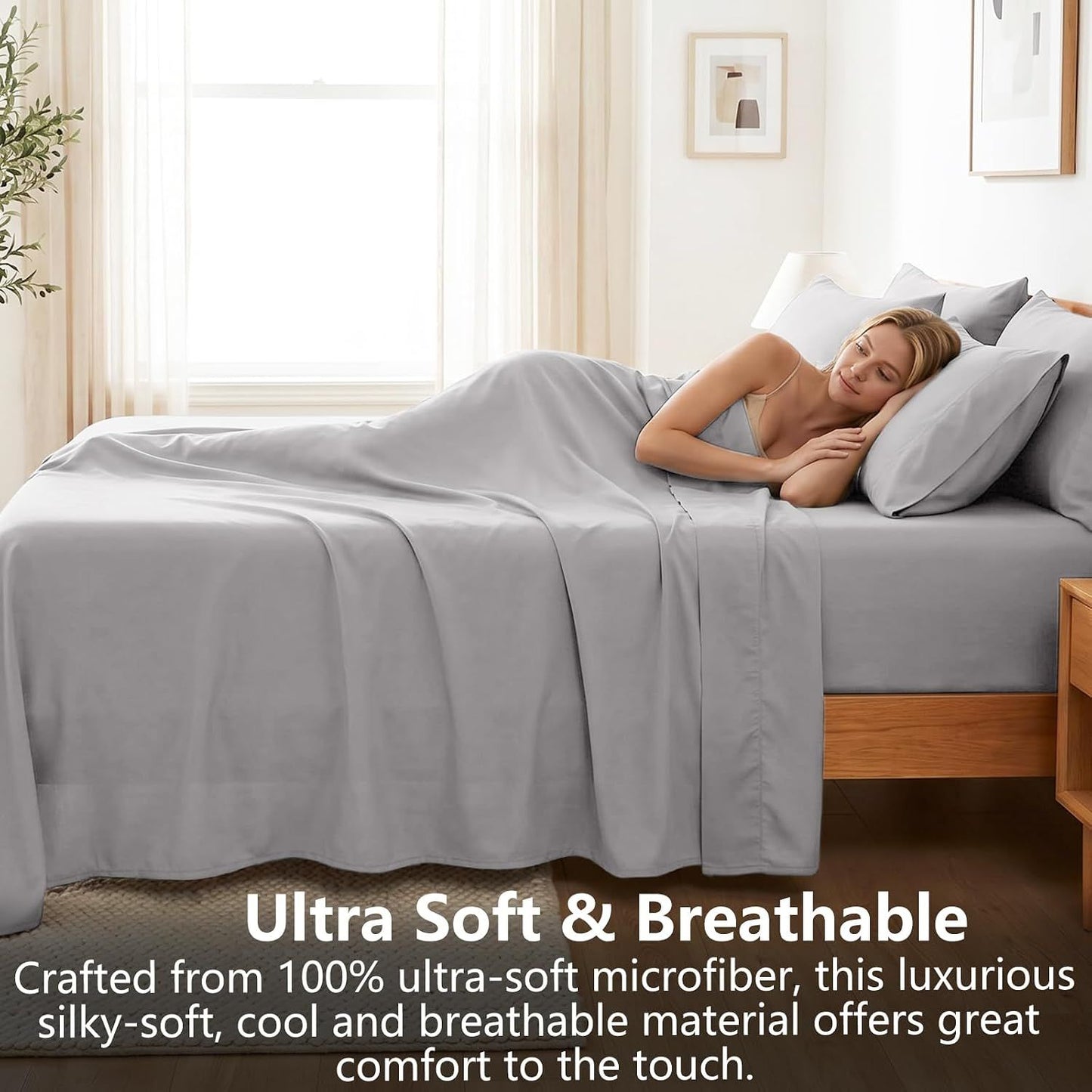 Hotel Soft Bed Sheet Set- Bedding Sheets & Pillowcases -Breathable Bedding - Wrinkle, Fade, Stain Resistant-Deep Pocket Flat Fitted Bed Sheet Set(Silver-gray,King)