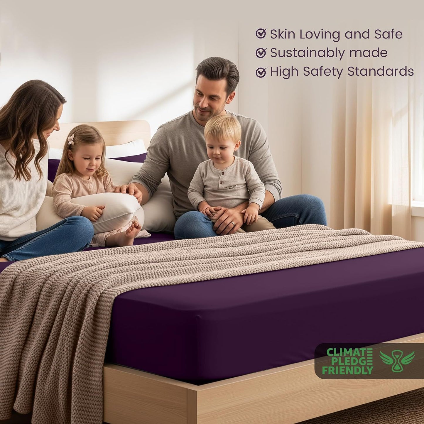 Hotel Quality Fitted Sheet - 1 Piece Fitted Sheet  -Breathable Bedding - Wrinkle, Fade, Stain Resistant- 16inch/40cm Deep Pocket Fitted Bed Sheet-Wrinkle and Fade Resistant,(Purple,King)