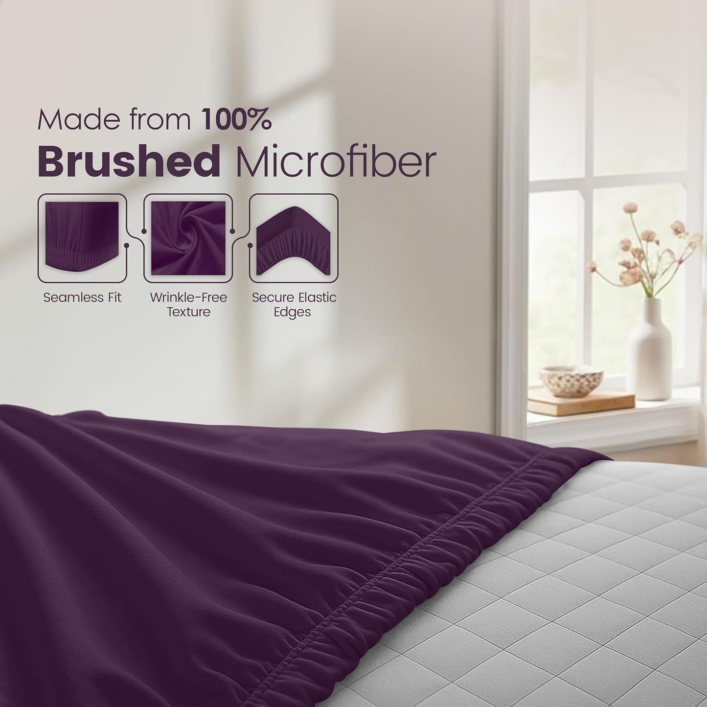 Hotel Quality Fitted Sheet - 1 Piece Fitted Sheet  -Breathable Bedding - Wrinkle, Fade, Stain Resistant- 16inch/40cm Deep Pocket Fitted Bed Sheet-Wrinkle and Fade Resistant,(Purple,King)