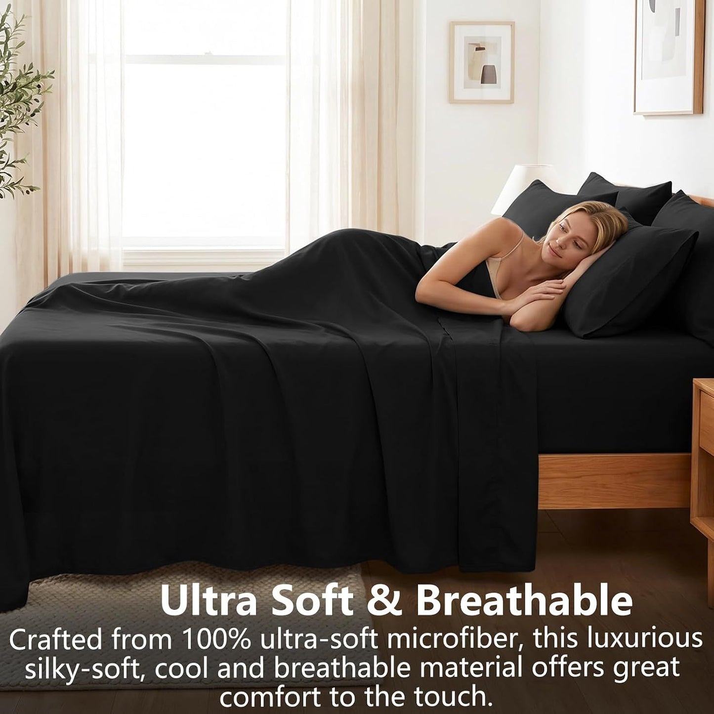 Hotel Soft Bed Sheet Set- Bedding Sheets & Pillowcases -Breathable Bedding - Wrinkle, Fade, Stain Resistant-Deep Pocket Flat Fitted Bed Sheet Set(Black,King Single)