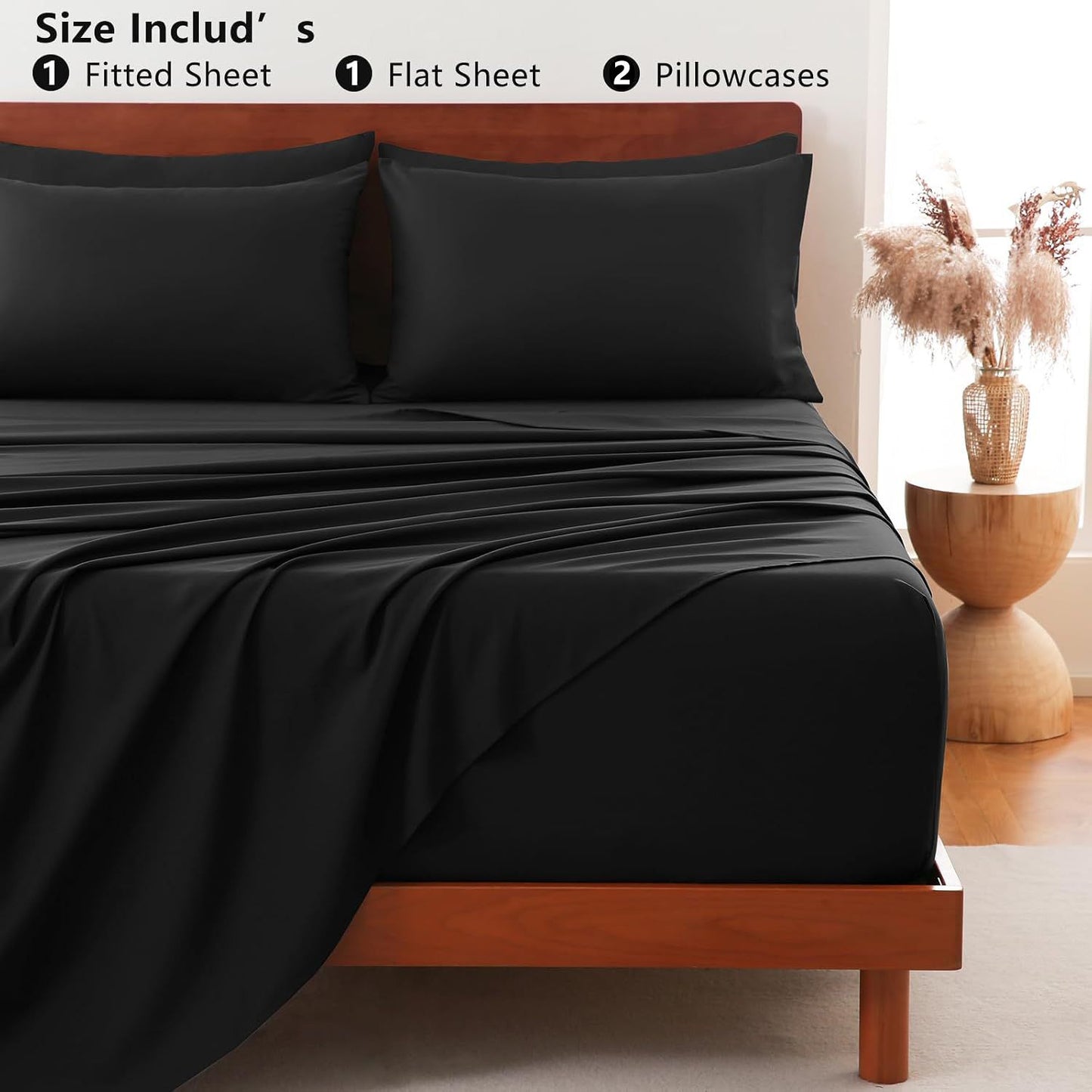 Hotel Soft Bed Sheet Set- Bedding Sheets & Pillowcases -Breathable Bedding - Wrinkle, Fade, Stain Resistant-Deep Pocket Flat Fitted Bed Sheet Set(Black,King Single)