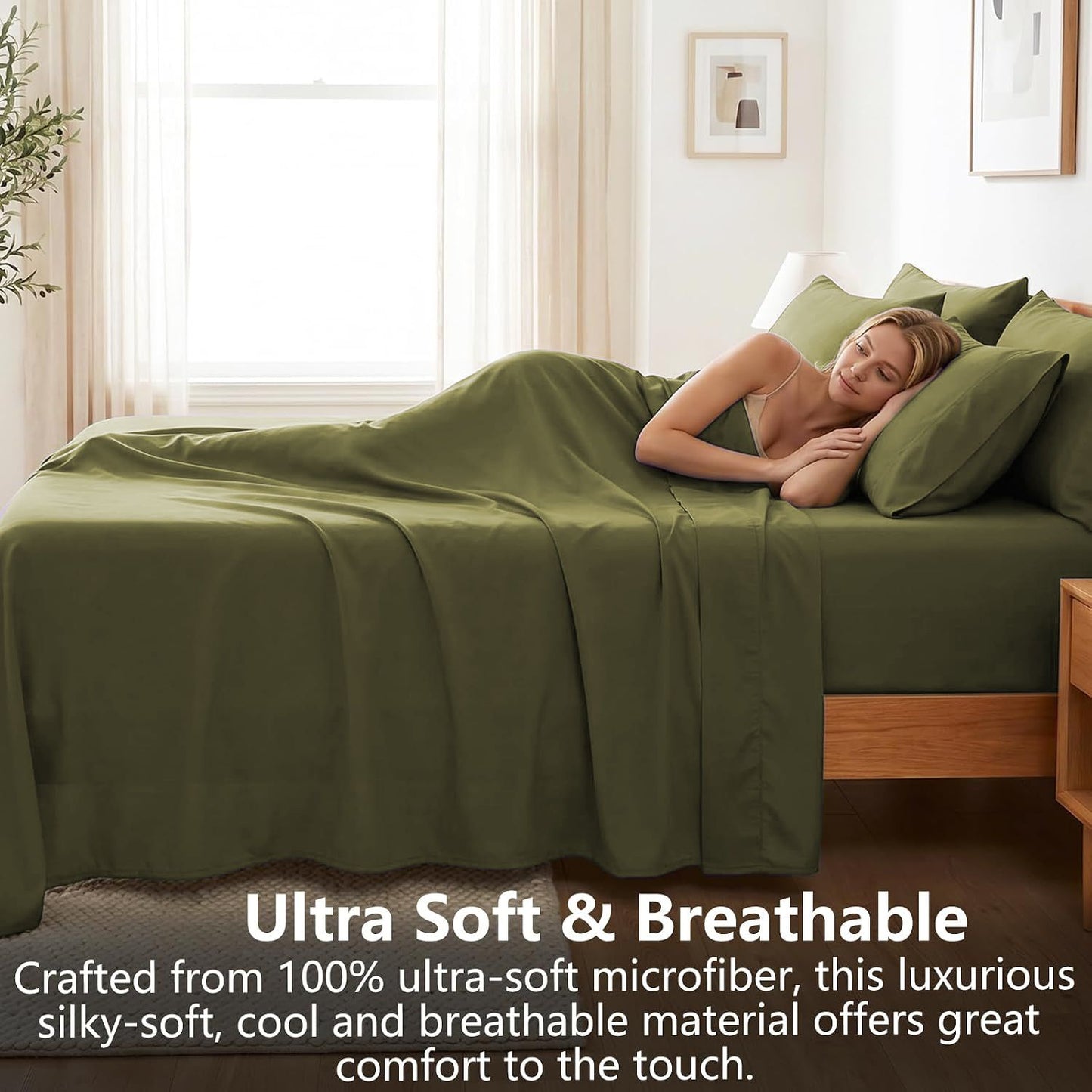 Hotel Soft Bed Sheet Set- Bedding Sheets & Pillowcases -Breathable Bedding - Wrinkle, Fade, Stain Resistant-Deep Pocket Flat Fitted Bed Sheet Set(Olive green,King Single)