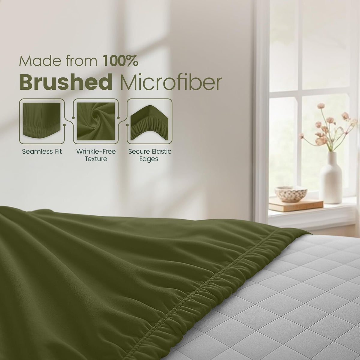 Hotel Quality Fitted Sheet - 1 Piece Fitted Sheet  -Breathable Bedding - Wrinkle, Fade, Stain Resistant- 16inch/40cm Deep Pocket Fitted Bed Sheet-Wrinkle and Fade Resistant,(Olive green,King Single)