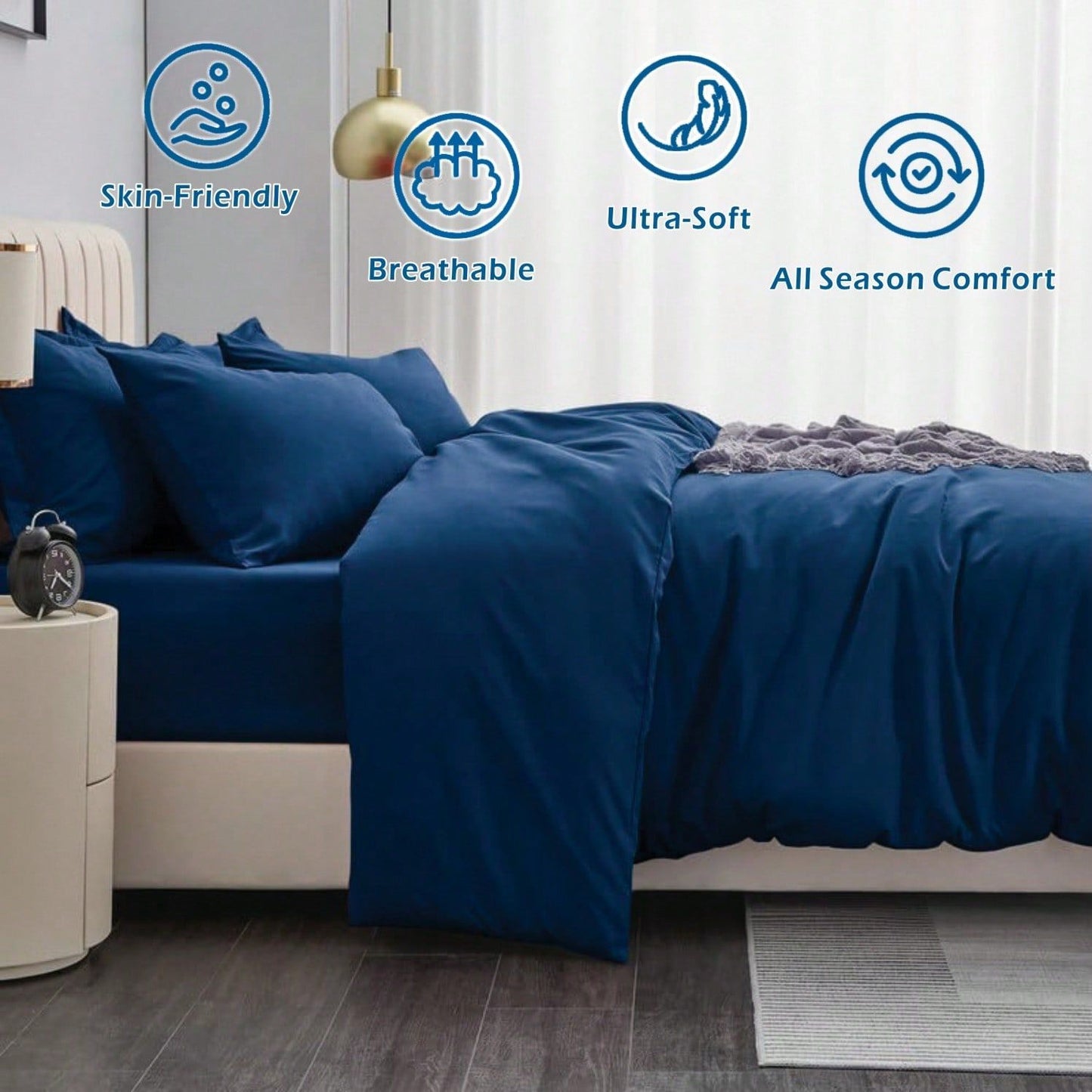 Hotel Soft Microfiber Duvet Cover Set-2000TC Quilt Cover Set & Pillowcases -1 Donna Cover Zipper Closure & 1 x Pillowcases-Breathable Bedding - Wrinkle, Fade, Stain Resistant(Navy,Queen)