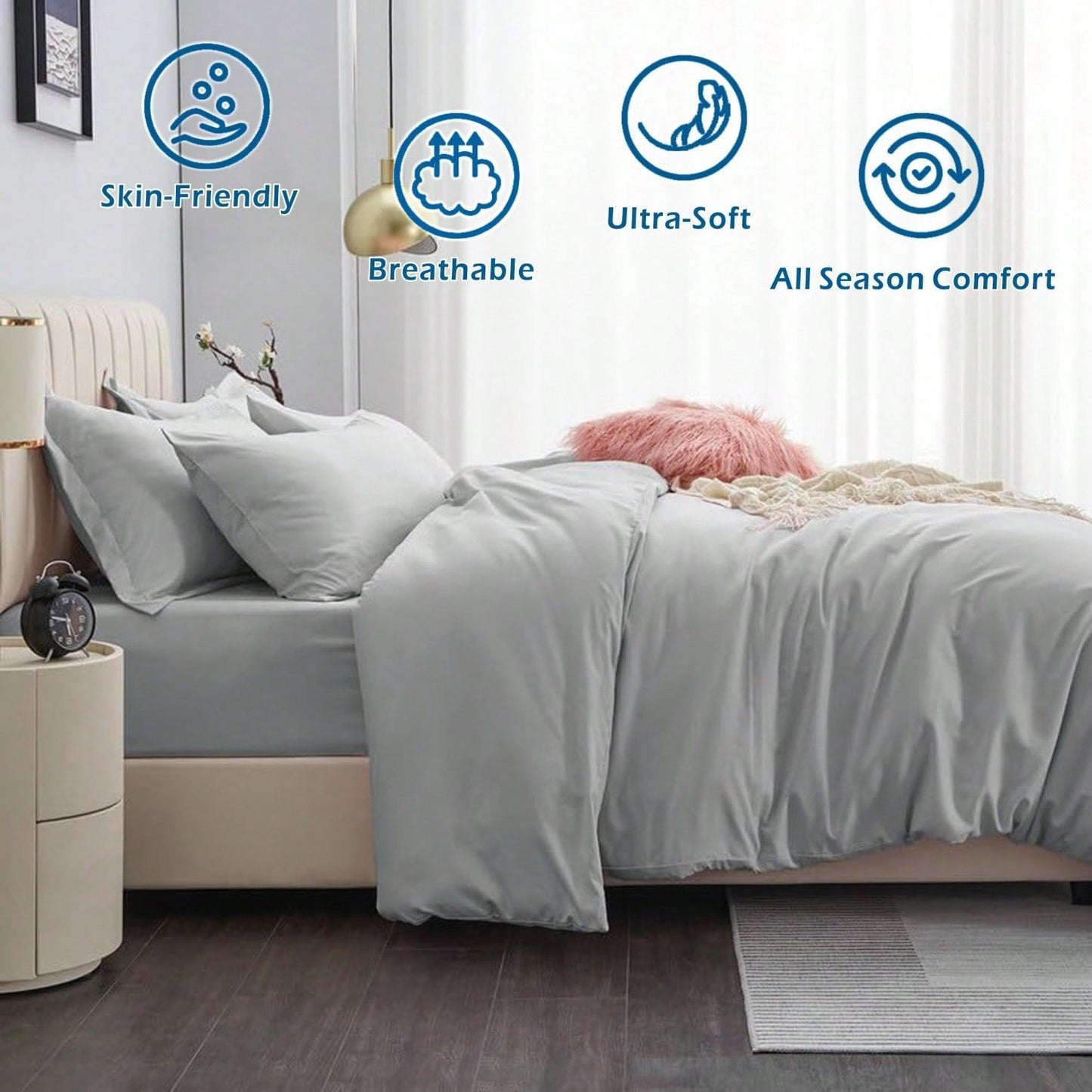 Hotel Soft Microfiber Duvet Cover Set-2000TC Quilt Cover Set & Pillowcases -1 Donna Cover Zipper Closure & 1 x Pillowcases-Breathable Bedding - Wrinkle, Fade, Stain Resistant(Silver-gray,Queen)