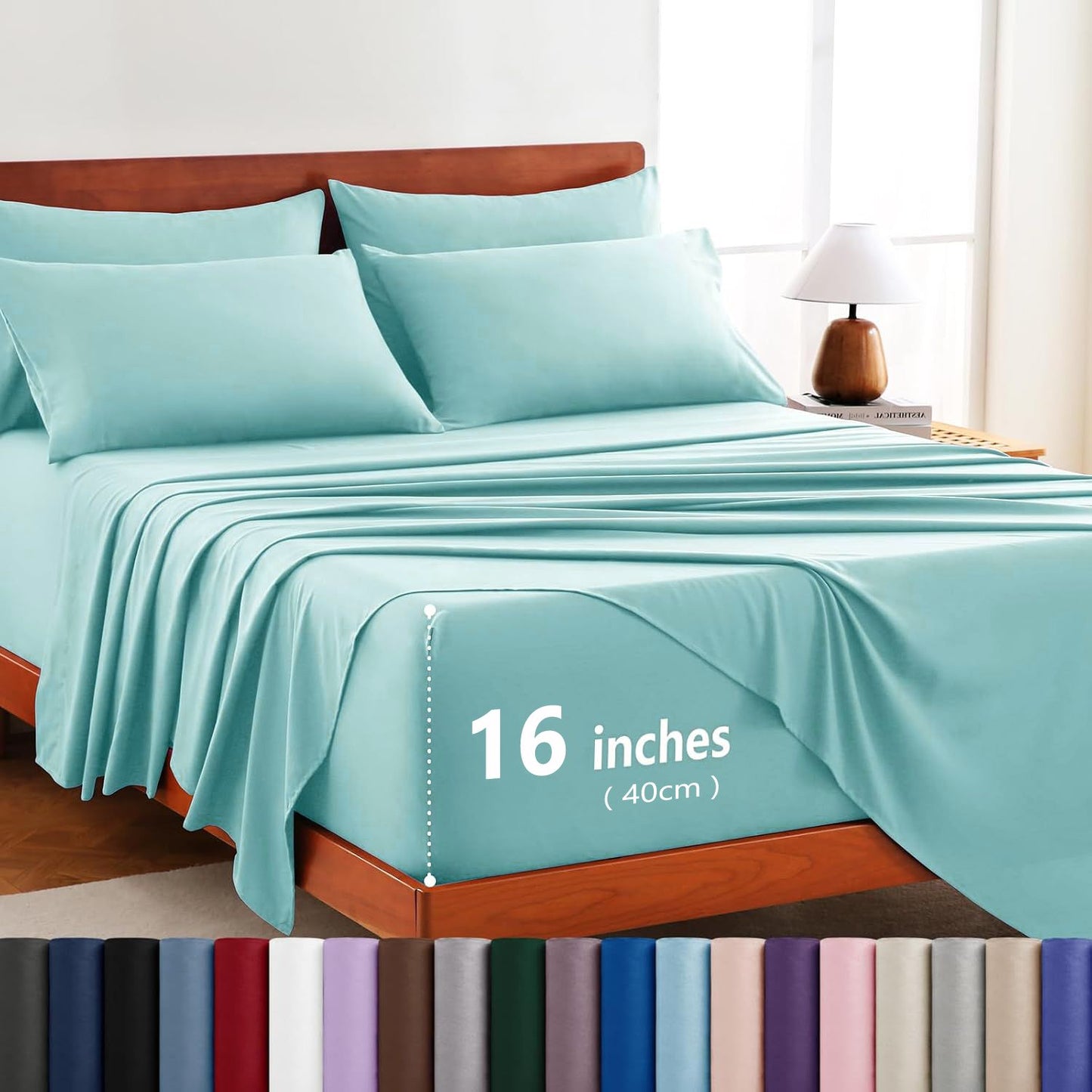Hotel Soft Bed Sheet Set- Bedding Sheets & Pillowcases -Breathable Bedding - Wrinkle, Fade, Stain Resistant-Deep Pocket Flat Fitted Bed Sheet Set(Ice Blue,Queen)