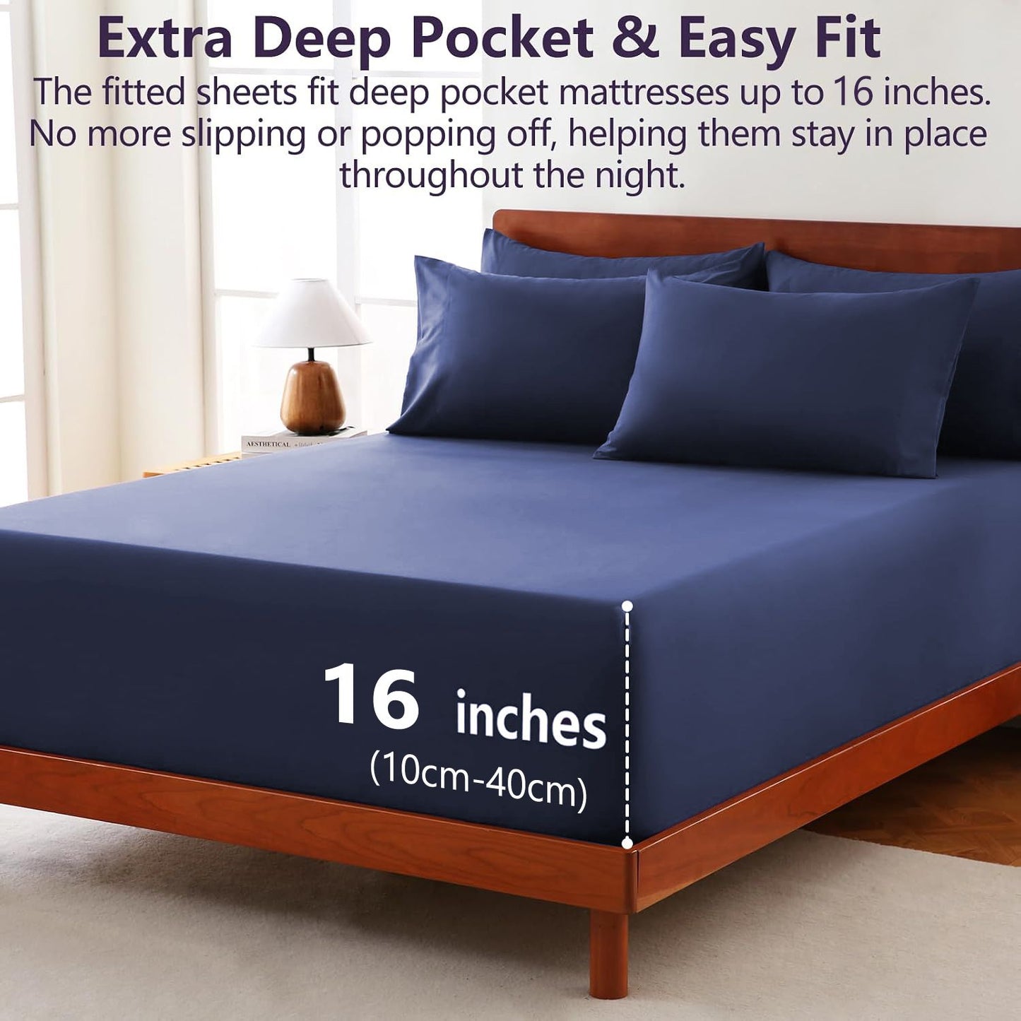 Hotel Soft Bed Sheet Set- Bedding Sheets & Pillowcases -Breathable Bedding - Wrinkle, Fade, Stain Resistant-Deep Pocket Flat Fitted Bed Sheet Set(Navy,Queen)