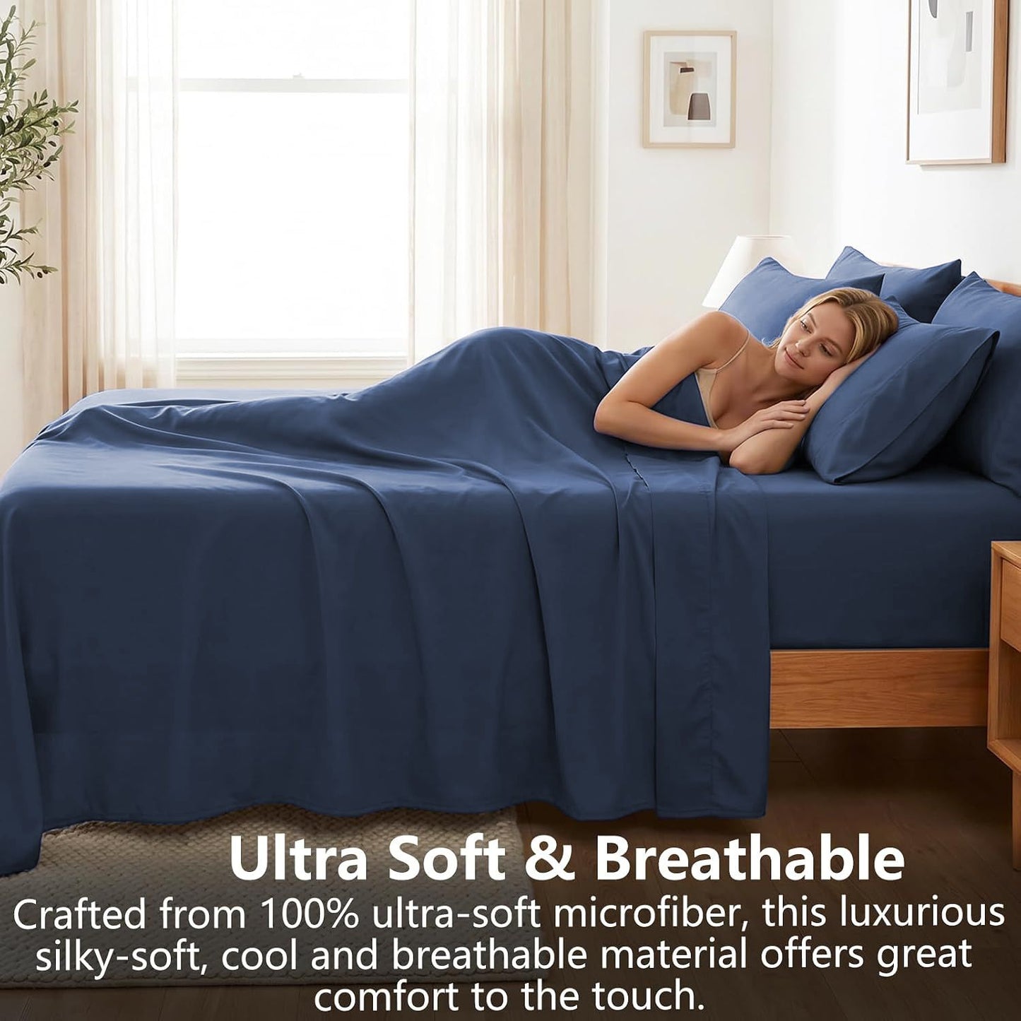 Hotel Soft Bed Sheet Set- Bedding Sheets & Pillowcases -Breathable Bedding - Wrinkle, Fade, Stain Resistant-Deep Pocket Flat Fitted Bed Sheet Set(Navy,Queen)
