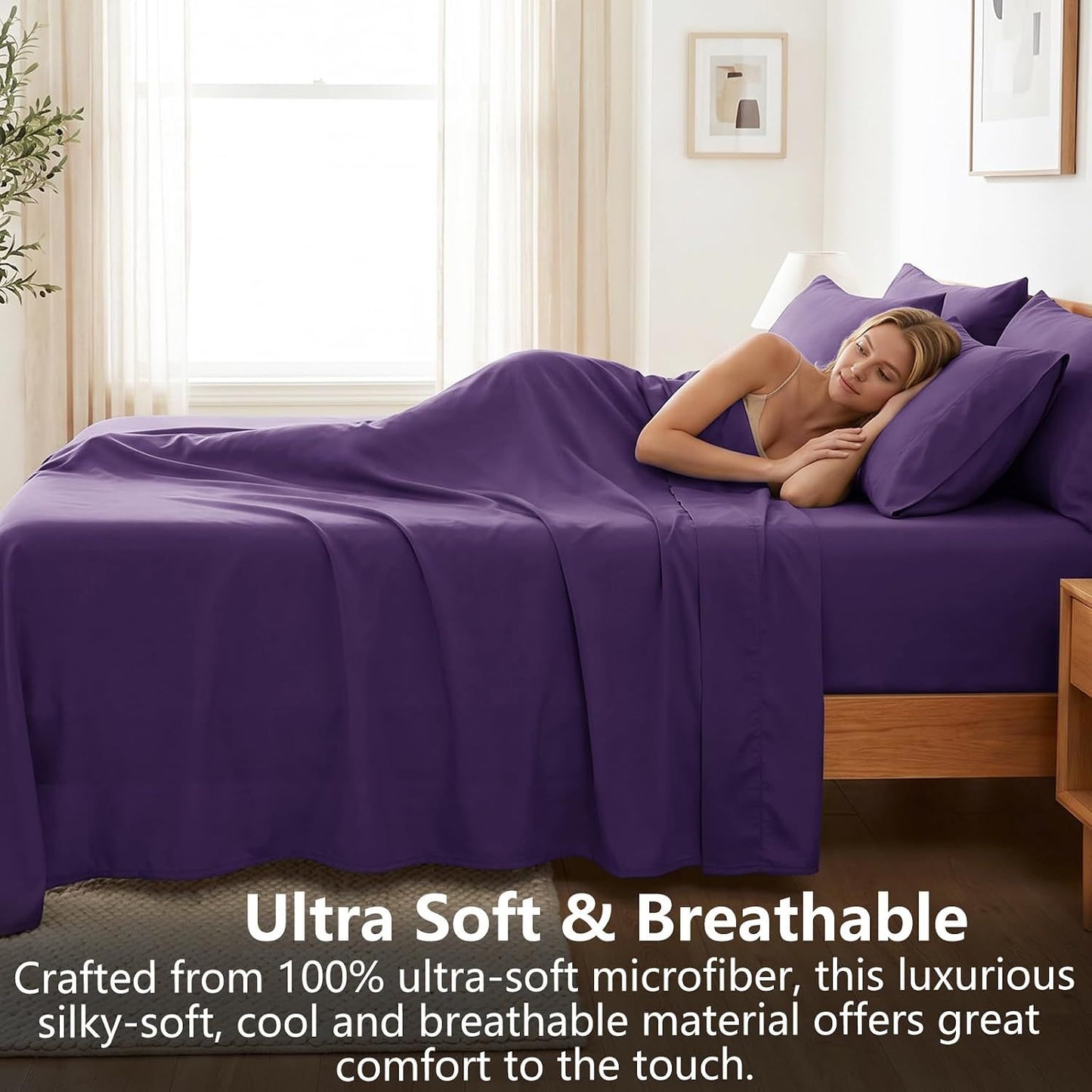 Hotel Soft Bed Sheet Set- Bedding Sheets & Pillowcases -Breathable Bedding - Wrinkle, Fade, Stain Resistant-Deep Pocket Flat Fitted Bed Sheet Set(Purple,Queen)