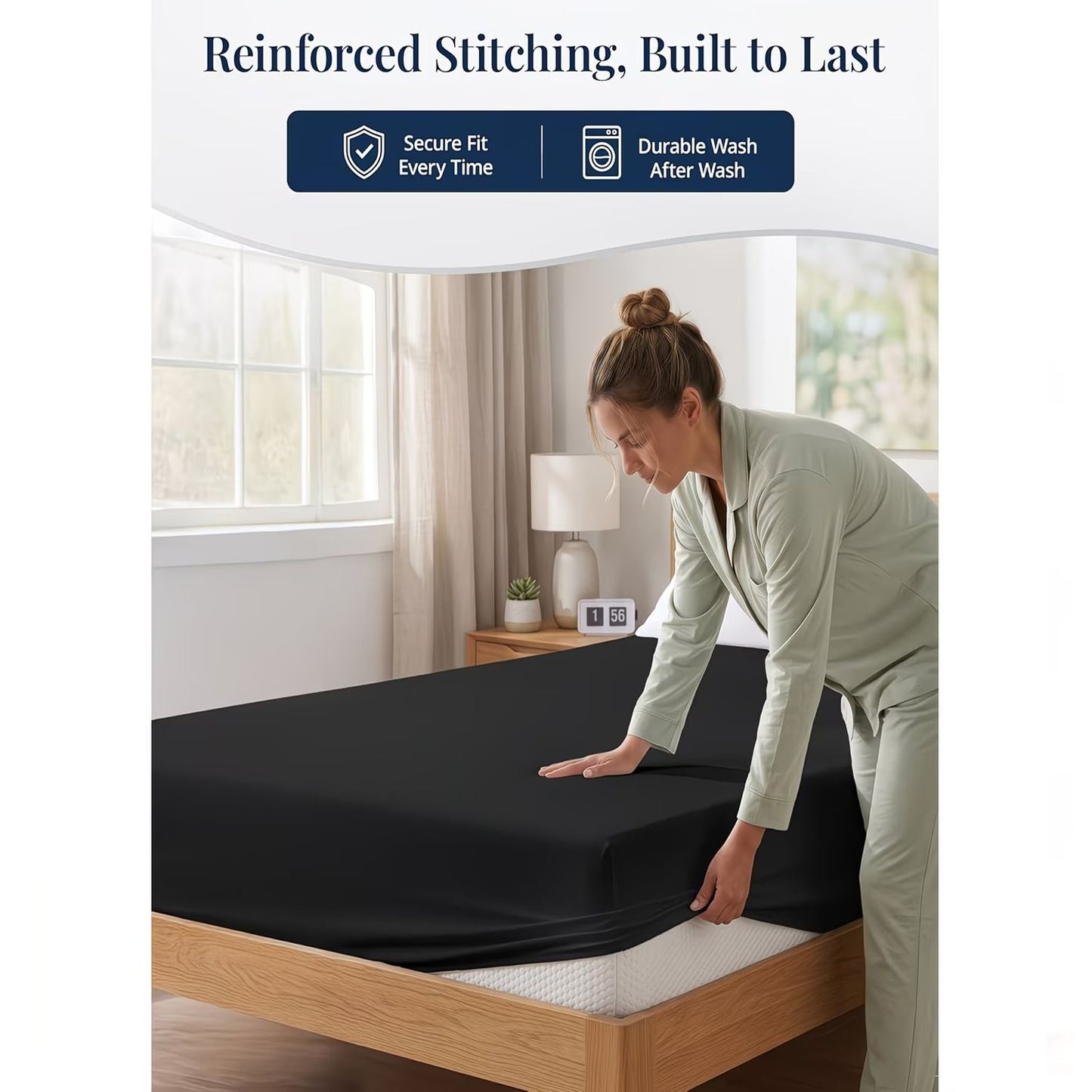 Hotel Quality Fitted Sheet - 1 Piece Fitted Sheet  -Breathable Bedding - Wrinkle, Fade, Stain Resistant- 16inch/40cm Deep Pocket Fitted Bed Sheet-Wrinkle and Fade Resistant,(Black,Queen)