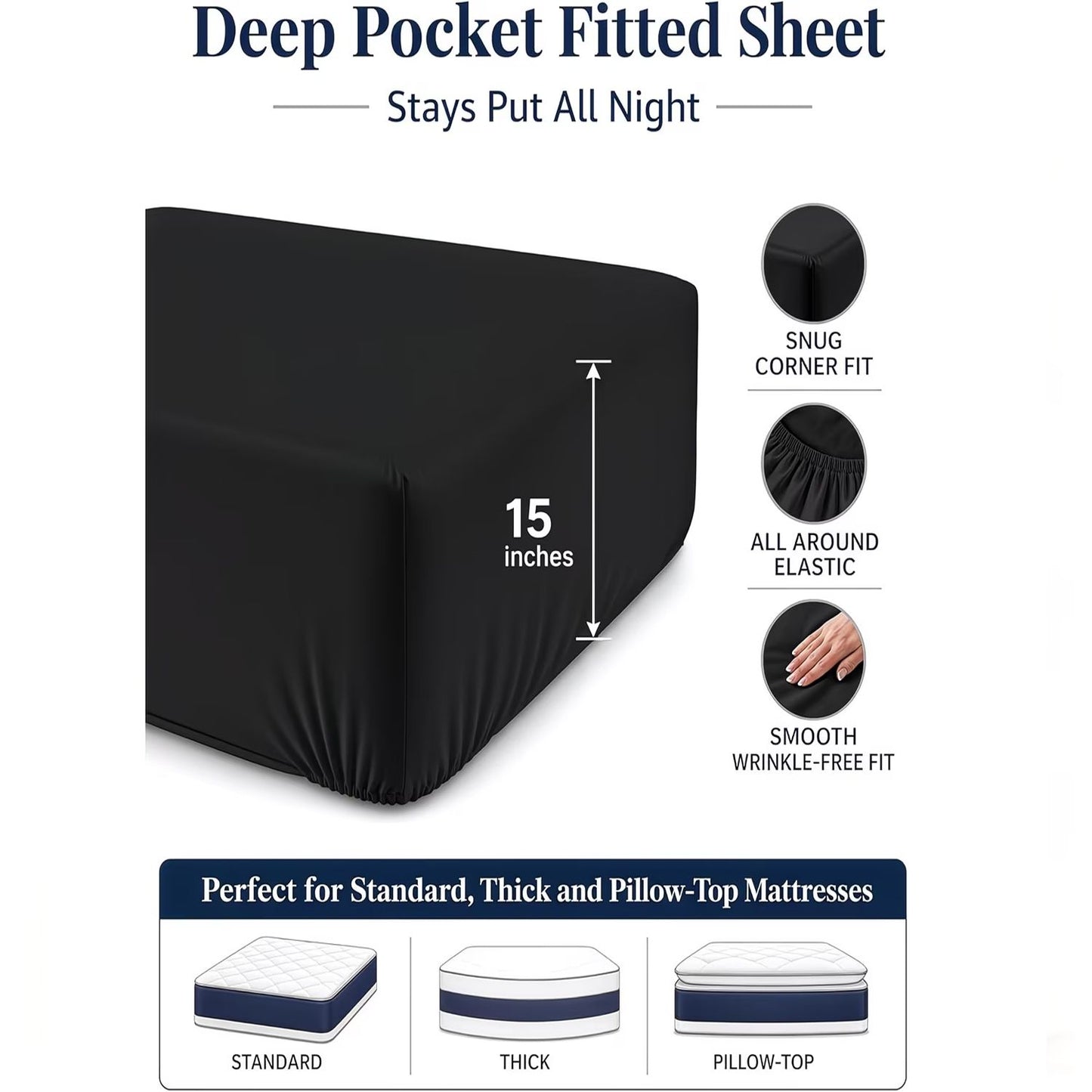Hotel Quality Fitted Sheet - 1 Piece Fitted Sheet  -Breathable Bedding - Wrinkle, Fade, Stain Resistant- 16inch/40cm Deep Pocket Fitted Bed Sheet-Wrinkle and Fade Resistant,(Black,Queen)