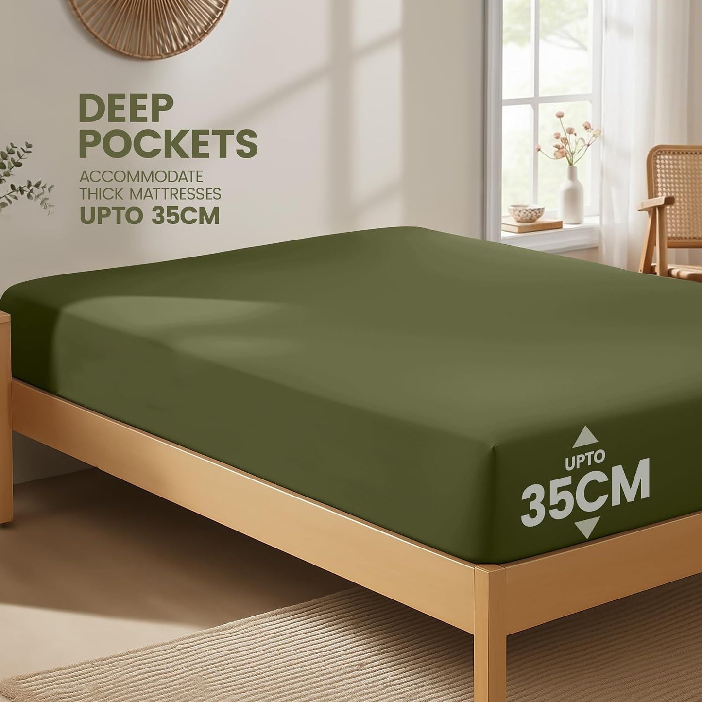 Hotel Quality Fitted Sheet - 1 Piece Fitted Sheet  -Breathable Bedding - Wrinkle, Fade, Stain Resistant- 16inch/40cm Deep Pocket Fitted Bed Sheet-Wrinkle and Fade Resistant,(Olive green,Queen)