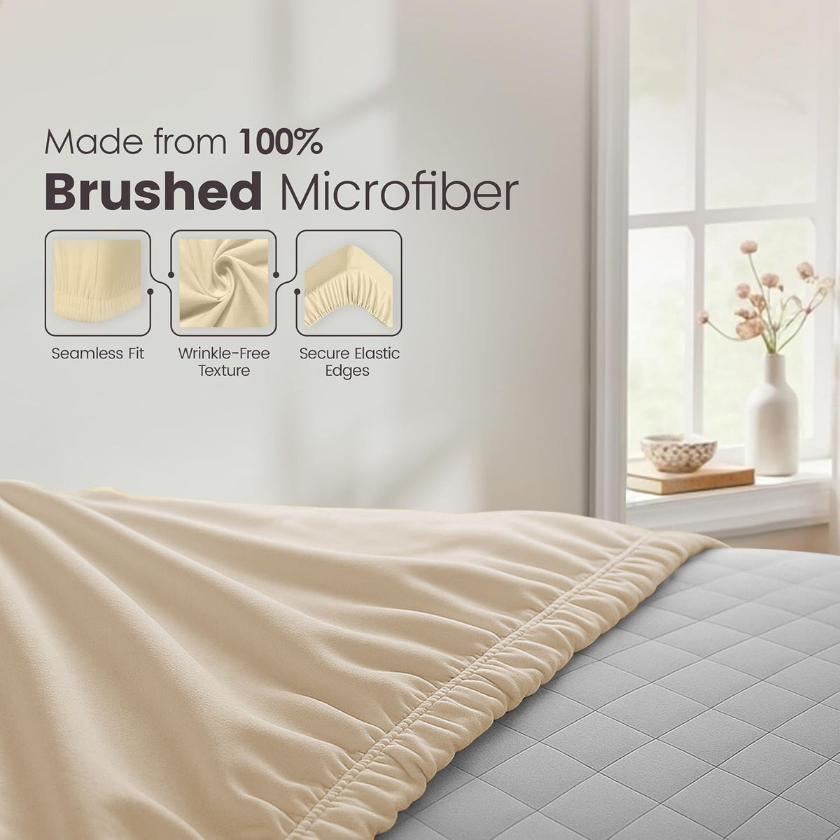 Hotel Quality Fitted Sheet - 1 Piece Fitted Sheet  -Breathable Bedding - Wrinkle, Fade, Stain Resistant- 16inch/40cm Deep Pocket Fitted Bed Sheet-Wrinkle and Fade Resistant,(Cream White,Queen)