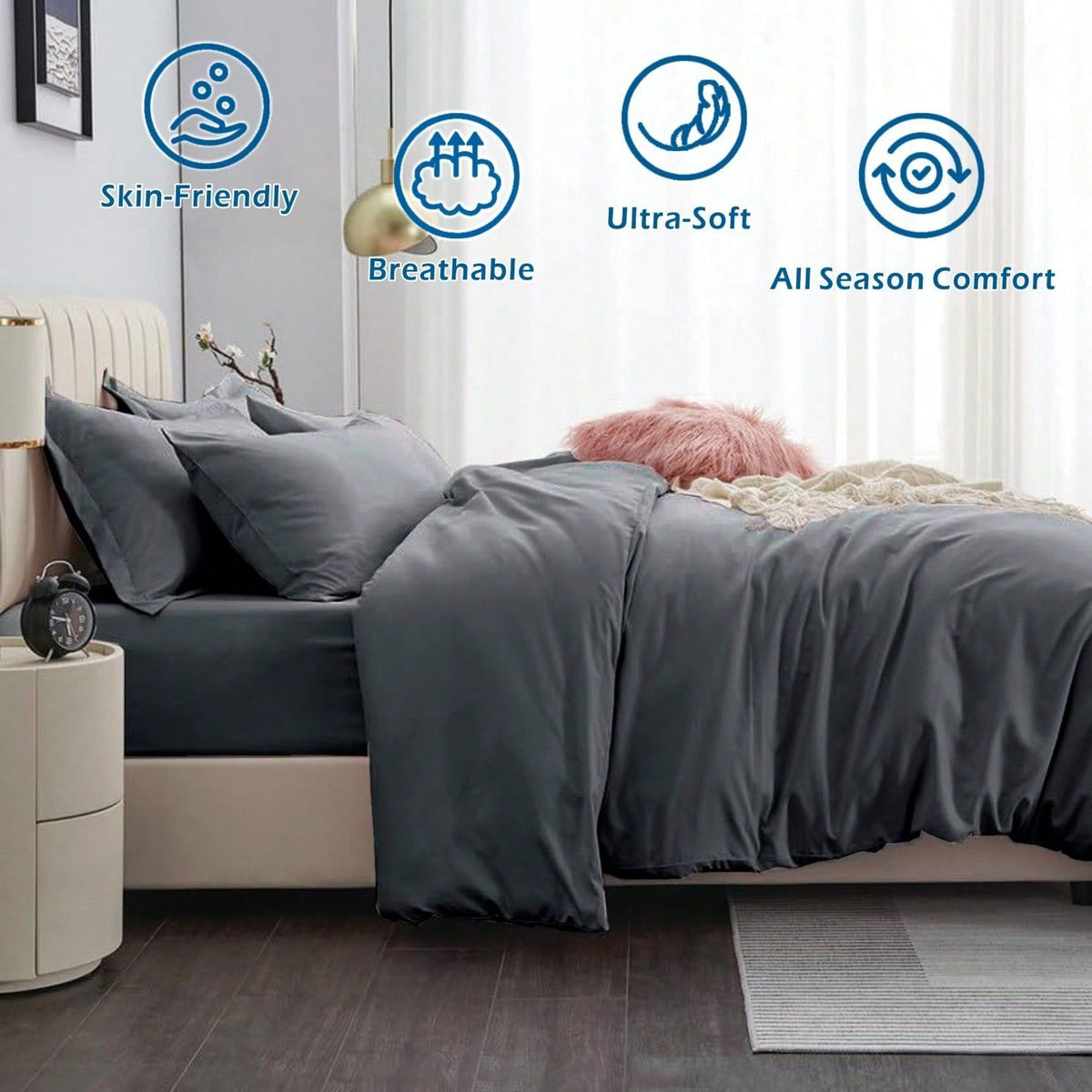 Hotel Soft Microfiber Duvet Cover Set-2000TC Quilt Cover Set & Pillowcases -1 Donna Cover Zipper Closure & 1 x Pillowcases-Breathable Bedding - Wrinkle, Fade, Stain Resistant(Dark gray,Single)