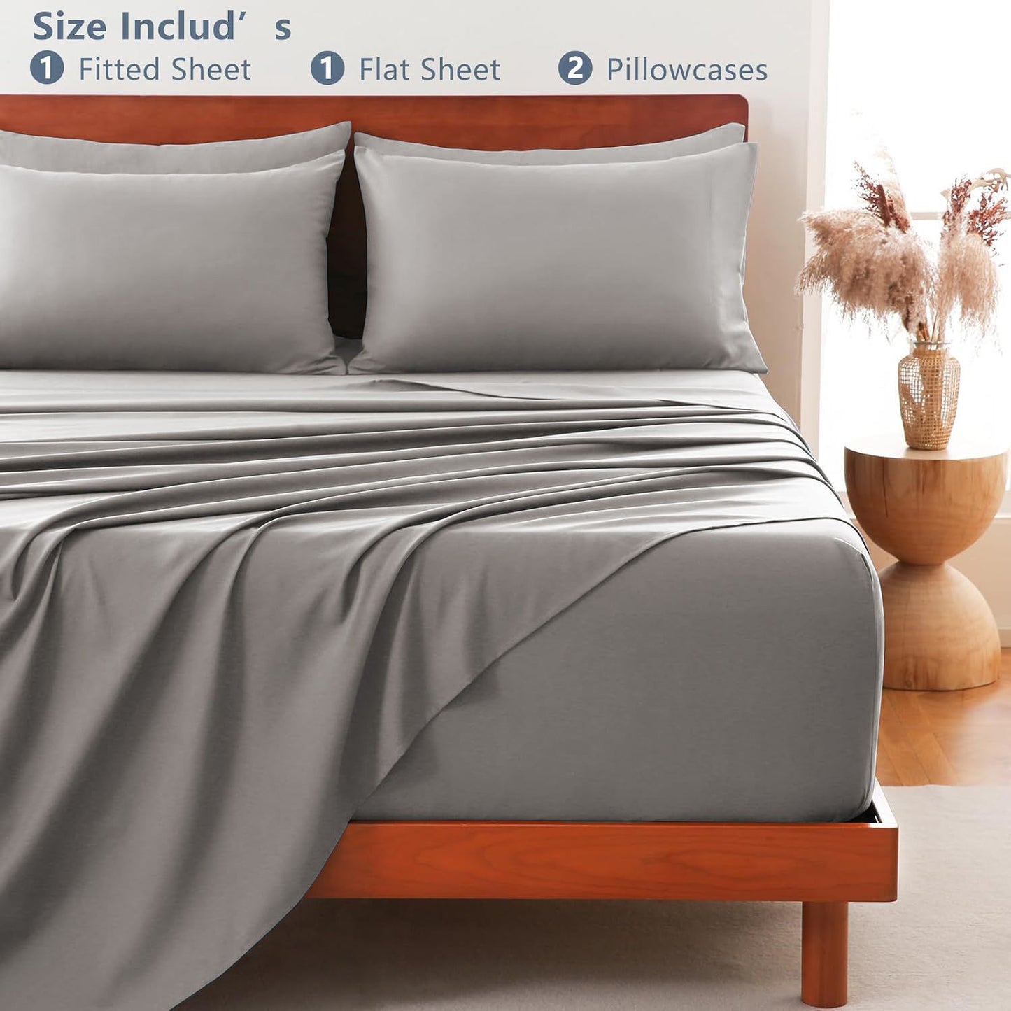 Hotel Soft Bed Sheet Set- Bedding Sheets & Pillowcases -Breathable Bedding - Wrinkle, Fade, Stain Resistant-Deep Pocket Flat Fitted Bed Sheet Set(Grey,Single)