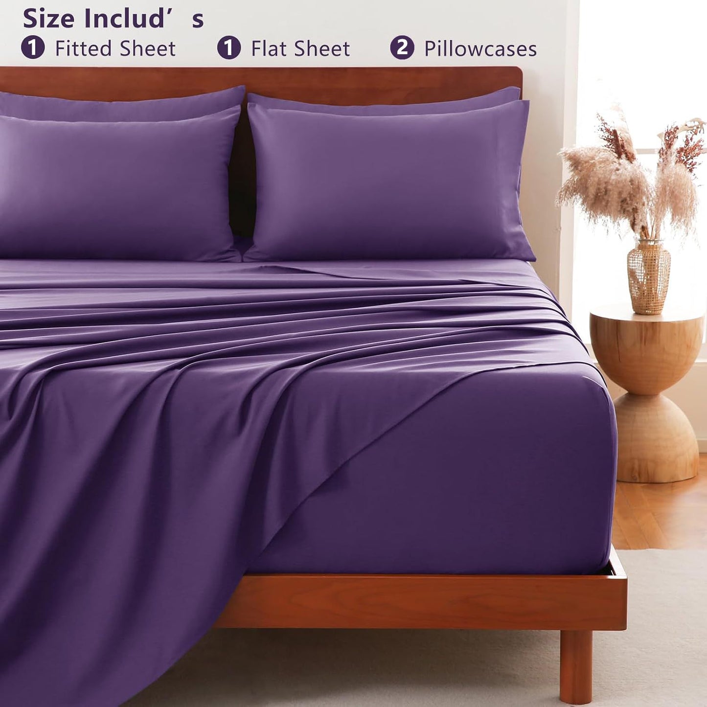 Hotel Soft Bed Sheet Set- Bedding Sheets & Pillowcases -Breathable Bedding - Wrinkle, Fade, Stain Resistant-Deep Pocket Flat Fitted Bed Sheet Set(Purple,Single)