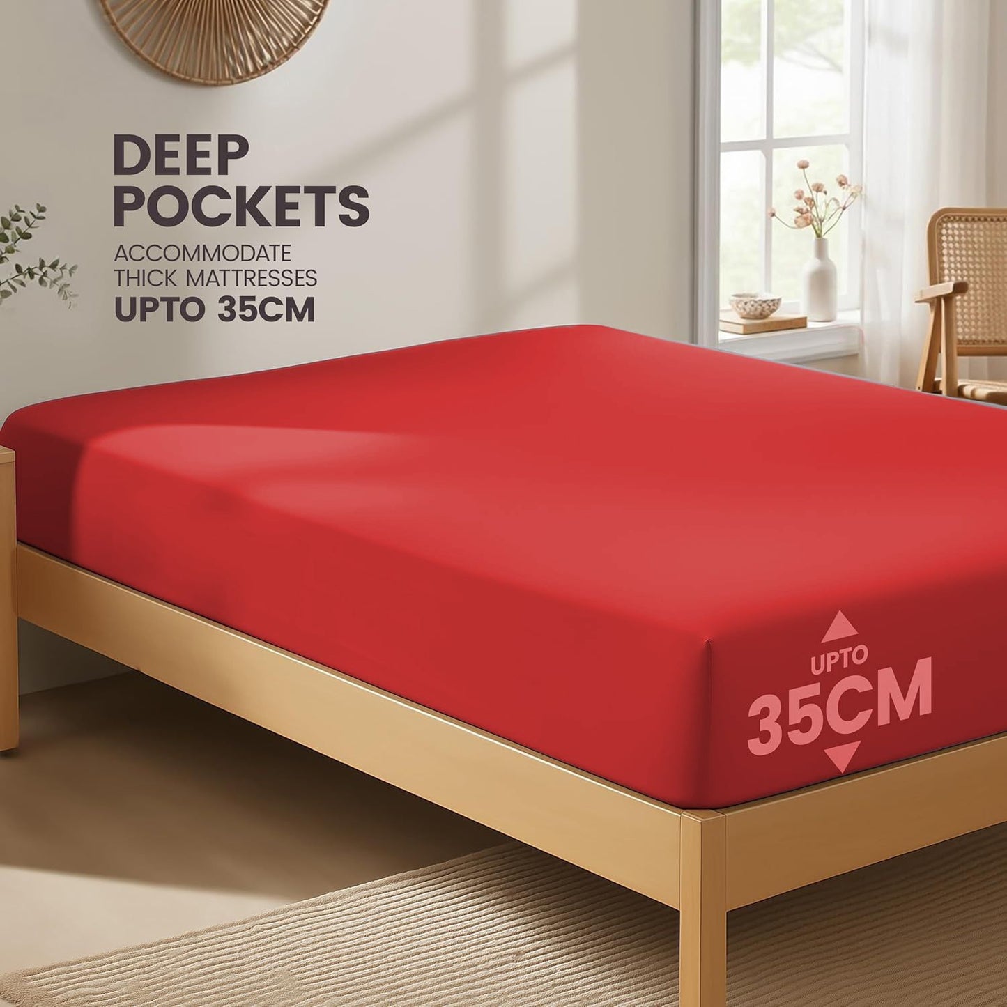 Hotel Quality Fitted Sheet - 1 Piece Fitted Sheet  -Breathable Bedding - Wrinkle, Fade, Stain Resistant- 16inch/40cm Deep Pocket Fitted Bed Sheet-Wrinkle and Fade Resistant,(Red,Single)